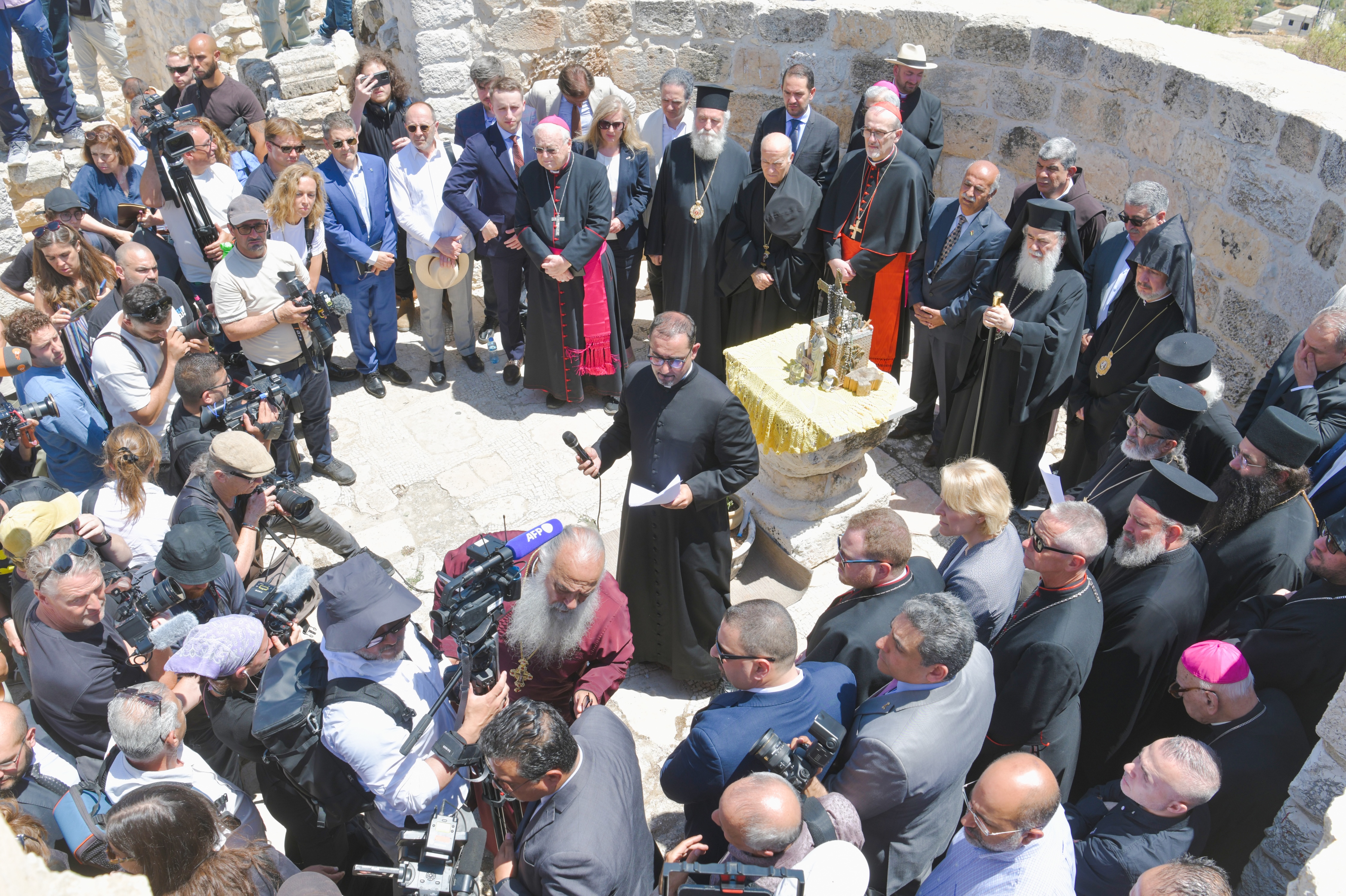 Patriarchs and heads of churches in Jerusalem, accompanied by diplomats and representatives from more than 20 countries, visit Taybeh in July 2025 in solidarity with residents following an escalation of attacks against the town and its religious sites. | Credit: Imad Diab