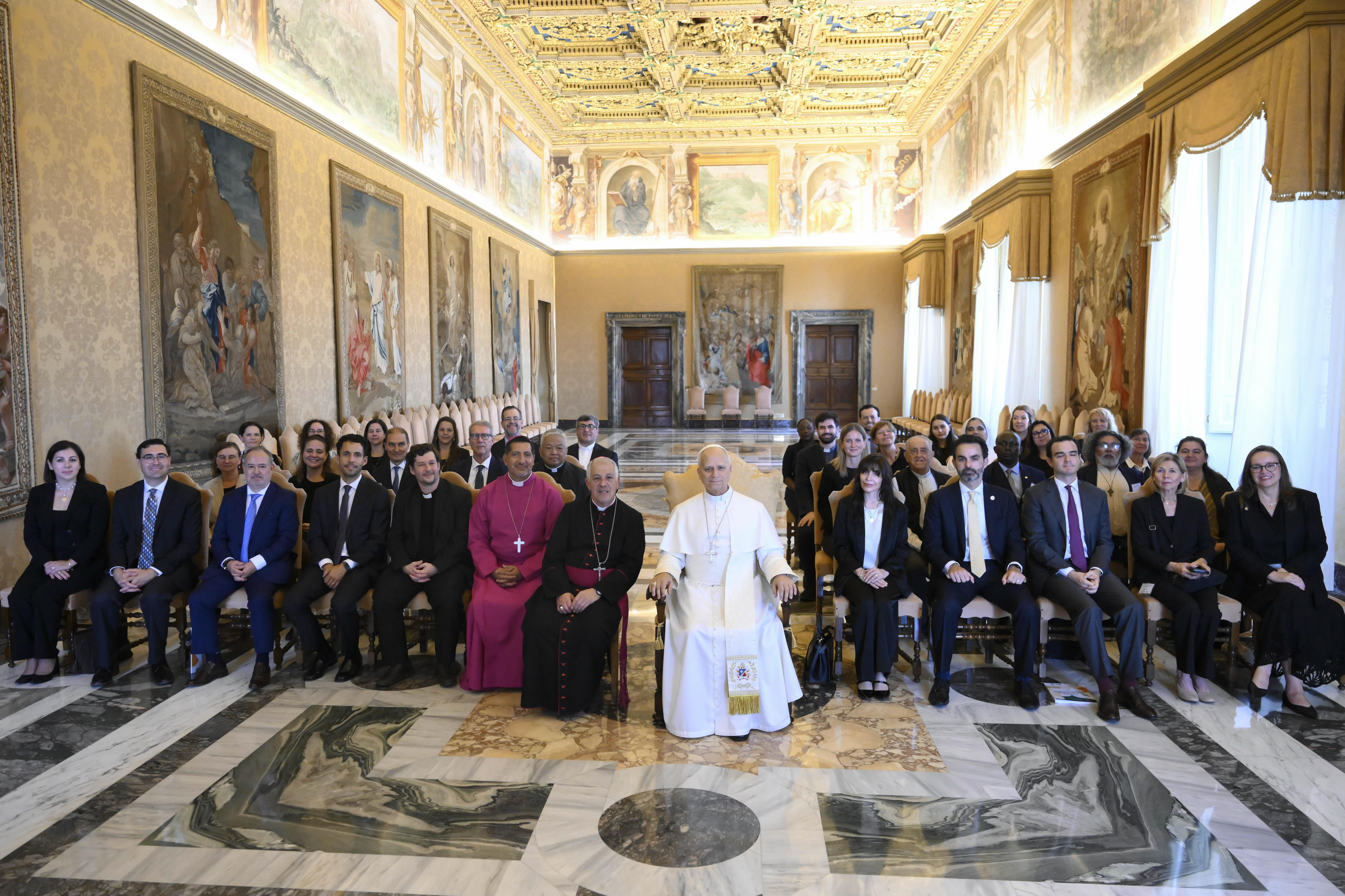 A group photo with Pope Leo XIV and participants on drug addiction, promoted by the Pontifical Commission for Latin America (CAL), after their private audience at the Apostolic Palace at the Vatican on Aug. 27, 2026. | Credit: Vatican Media