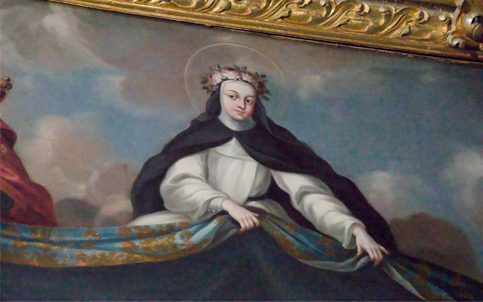 Santa Rosa de Lima sostiene el manto de la Inmaculada Concepción en la obra de Luis Berrueco. Es la única mujer entre los seis santos que realizan este gesto. | Crédito: David Ramos/EWTN News.