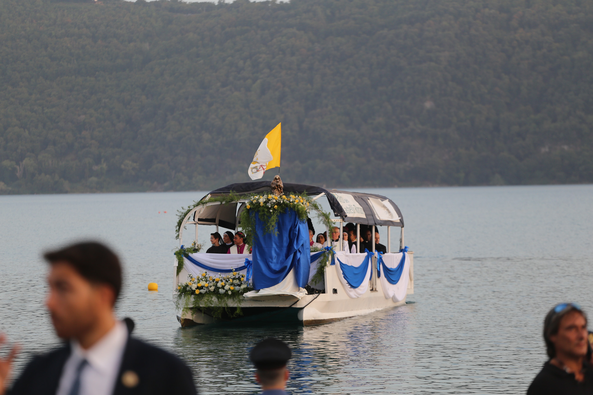 Pope Leo XIV travels across Lake Albano, Castel Gandolfo, Aug. 29, 2026. Leo took part in a Marian procession on the lake, becoming the first pope to travel by boat across the waters there according to the Vatican. | Credit: Zofia Czubak/EWTN News