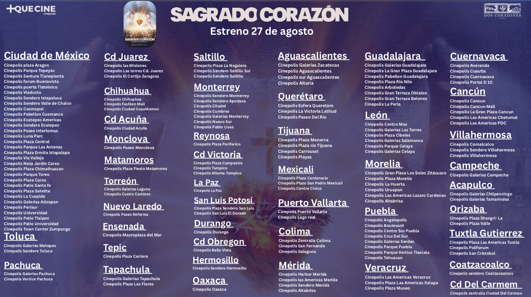 Cines en donde es posible ver “Sagrado Corazón: Su Reino no tendrá fin”. Crédito: Dos Corazones Film