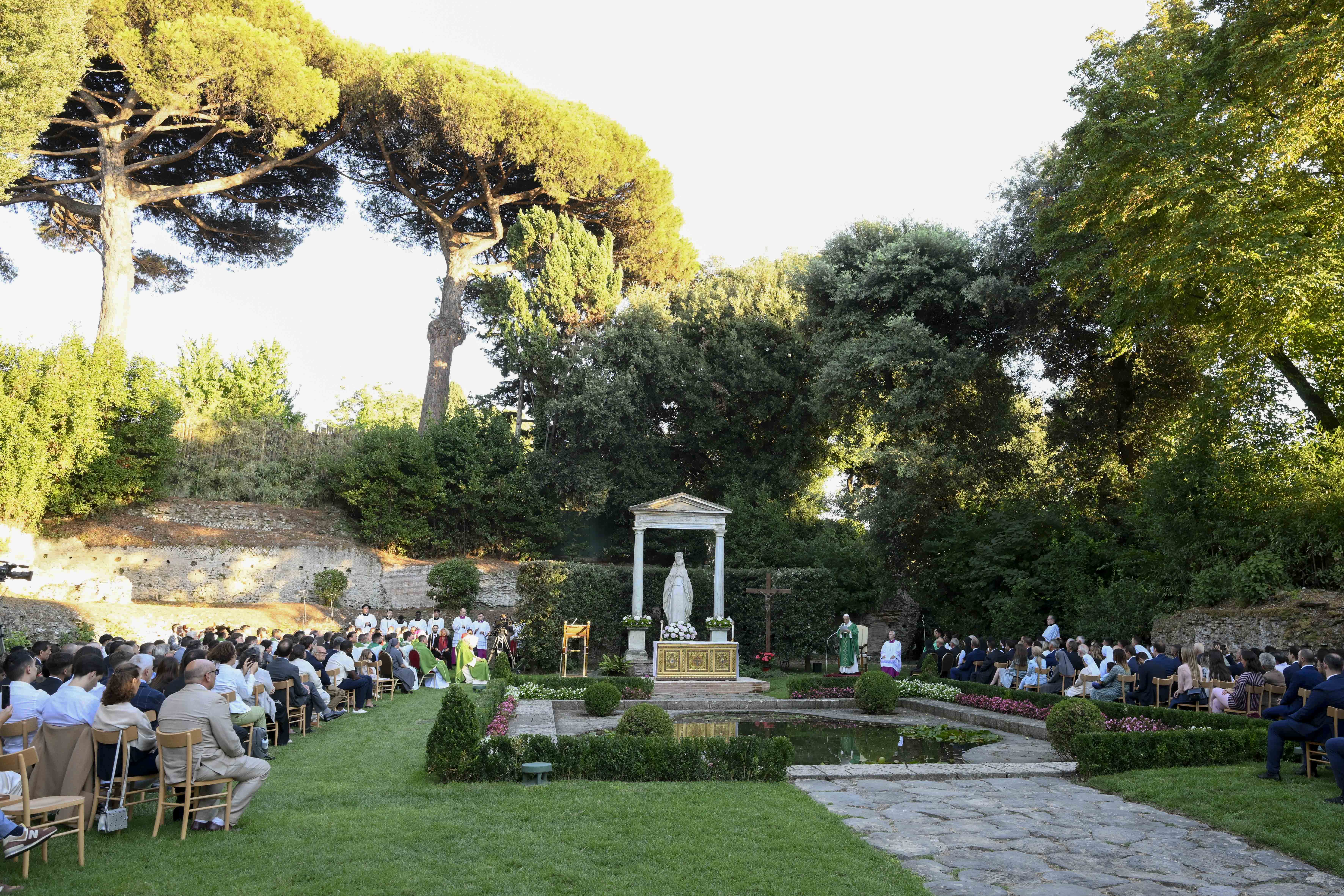 Pope Leo XIV celebrates Mass for the World Day of Prayer for the Care of Creation on Sept. 1, 2026, in the Madonnina Garden of the Borgo Laudato Si’ within the pontifical gardens of Castel Gandolfo. | Credit: Vatican Media