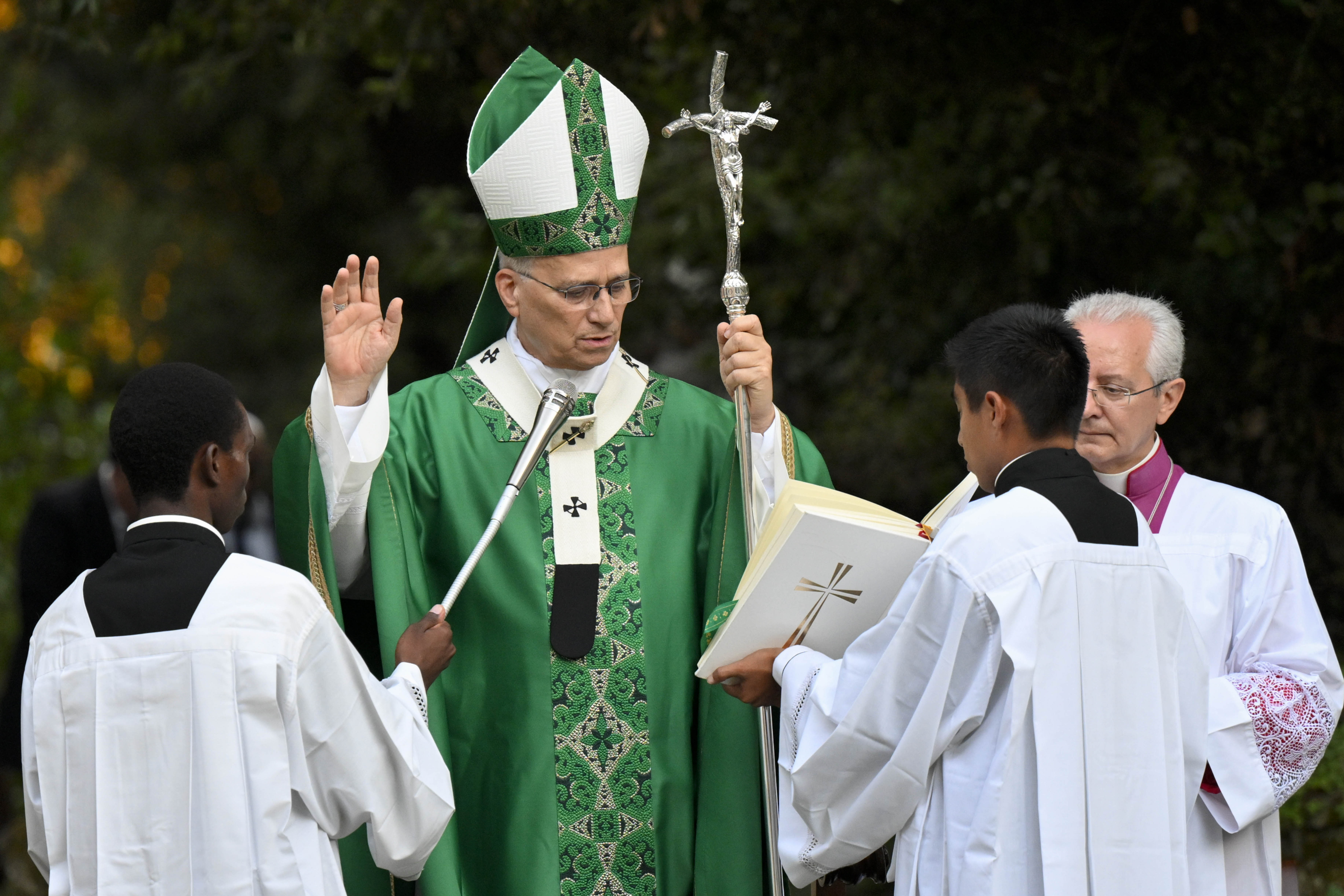 Pope Leo XIV prayers during the Mass for the World Day of Prayer for the Care of Creation on Sept. 1, 2026, in the Madonnina Garden of the Borgo Laudato Si' within the pontifical gardens of Castel Gandolfo. | Credit: Vatican Media