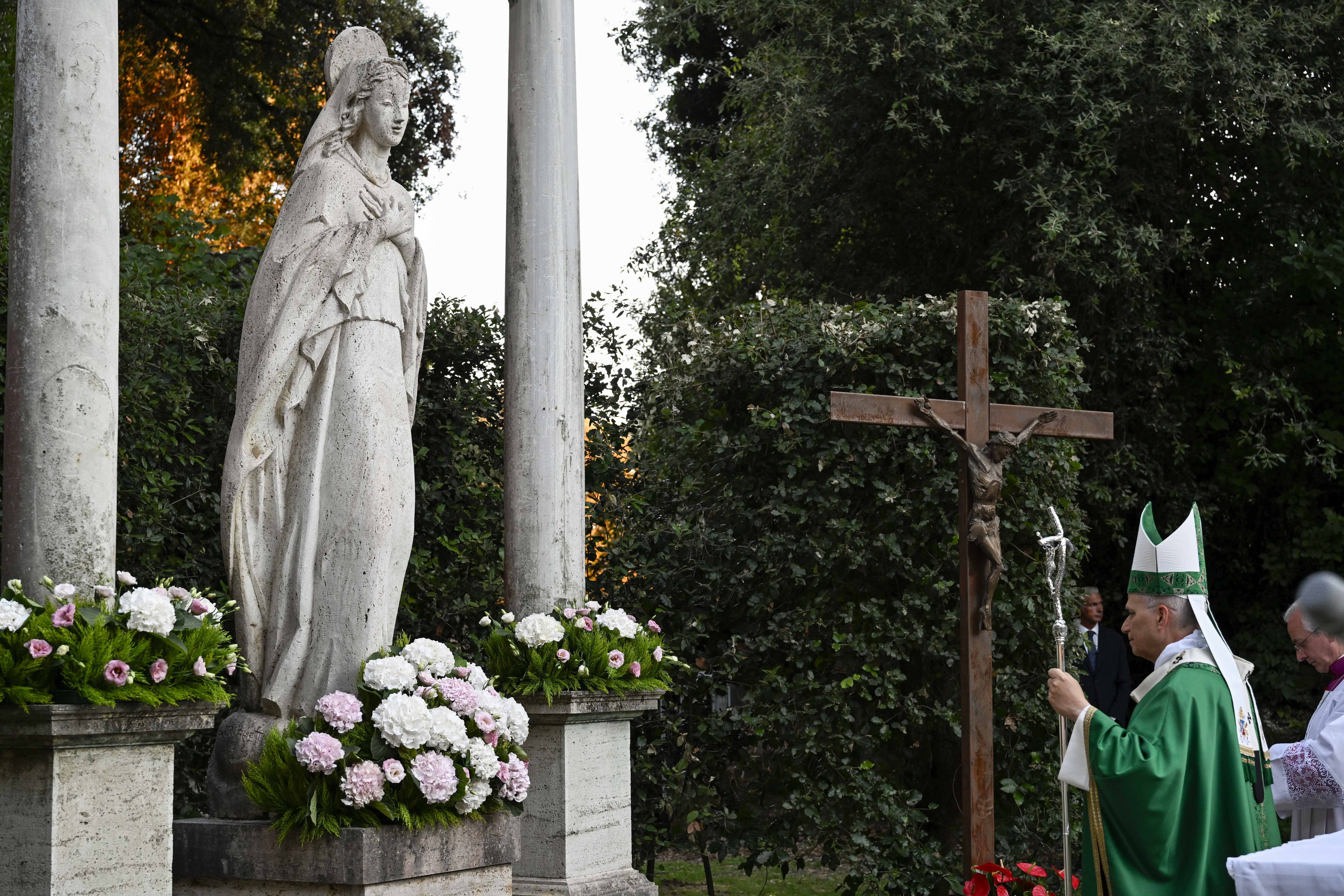 Pope Leo XIV prays at the Mass for the World Day of Prayer for the Care of Creation on Sept. 1, 2026, in the Madonnina Garden of the Borgo Laudato Si' within the pontifical gardens of Castel Gandolfo. | Credit: Vatican Media