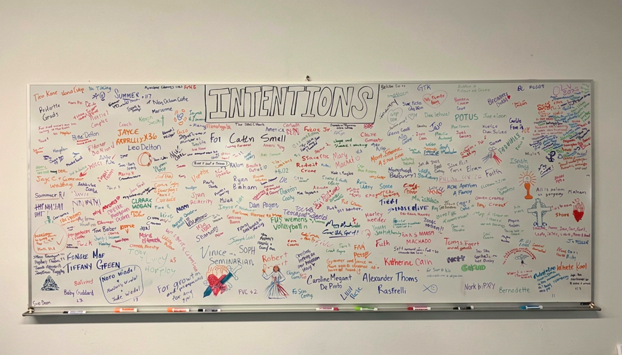 The intentions board inside Grow the Kingdom gym, where members are encouraged to write the names of those whom they are offering their workouts for and are keeping in prayer. | Credit: Francesca Fenton/EWTN News
