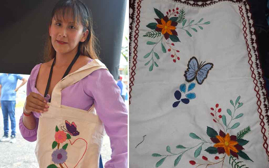 Jessica Moreno con un bolso y un mantel bordados en