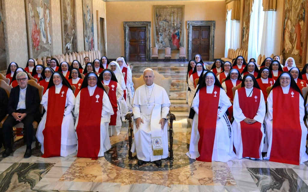 Pope Leo XIV and the Perpetual Adorers of the Blessed Sacrament in the Consistory Hall at the Vatican on Saturday, September 5, 2026. Credit: Vatican Media.