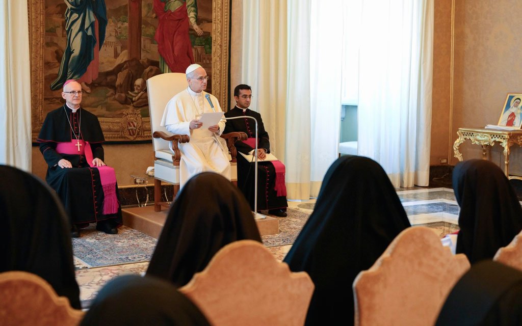 Pope Leo XIV and the Perpetual Adorers of the Blessed Sacrament in the Consistory Hall at the Vatican on Saturday, September 5, 2026. Credit: Vatican Media.