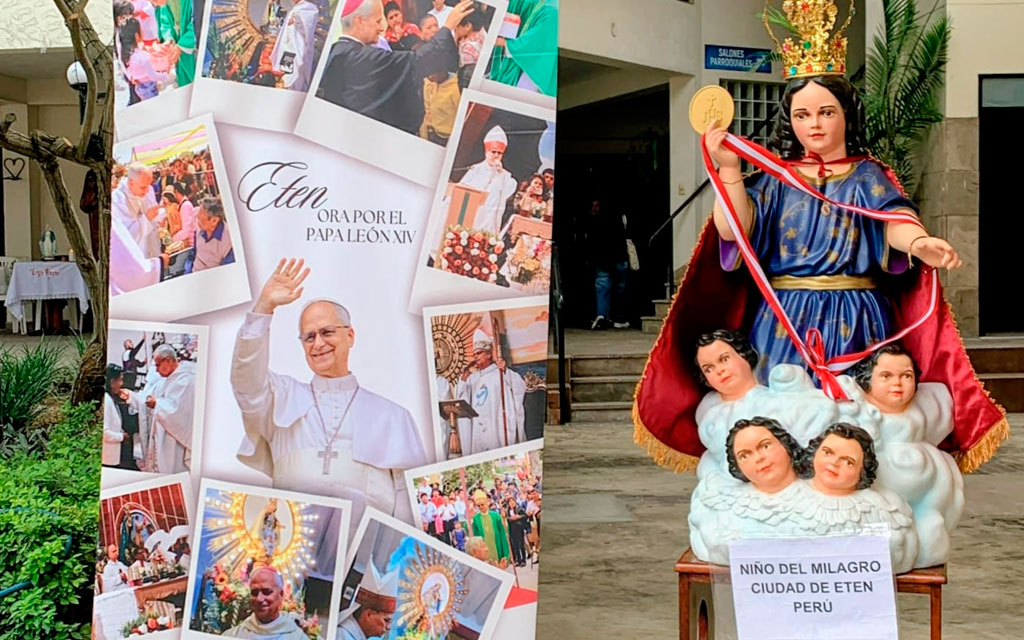 Un collage de fotos del Papa León con la imagen del Divino Niño del Milagro. Crédito: Grupo Milagro Eucarístico 1649.