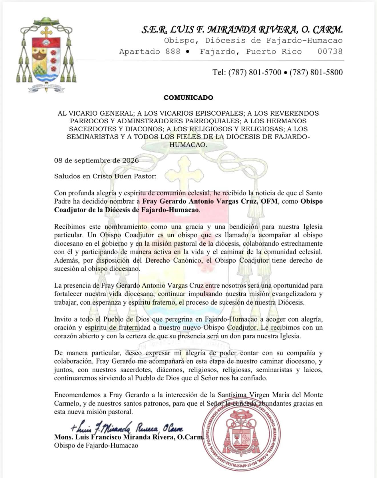 Comunicado de la Diócesis de Fajardo-Humacao