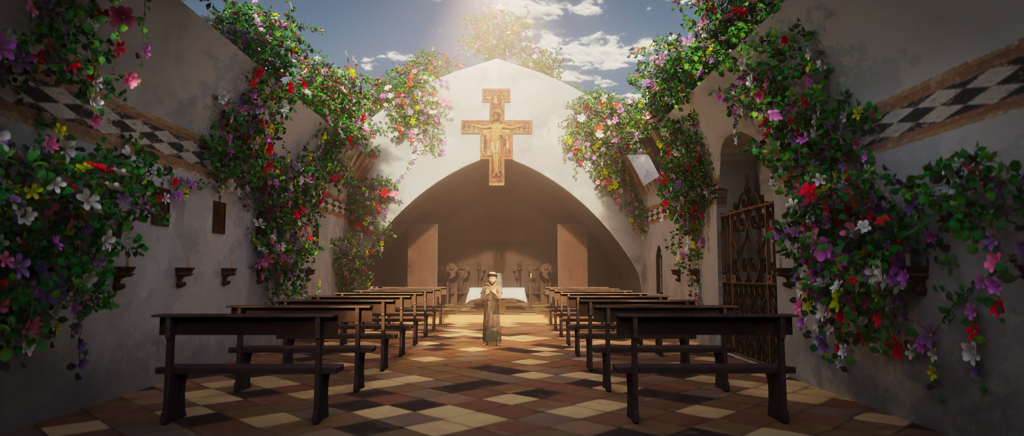 A rendered 3D scene from “The Francis Chronicles” depicts St. Francis praying before the San Damiano crucifix. | Credit: Courtesy of Cantiva Studios