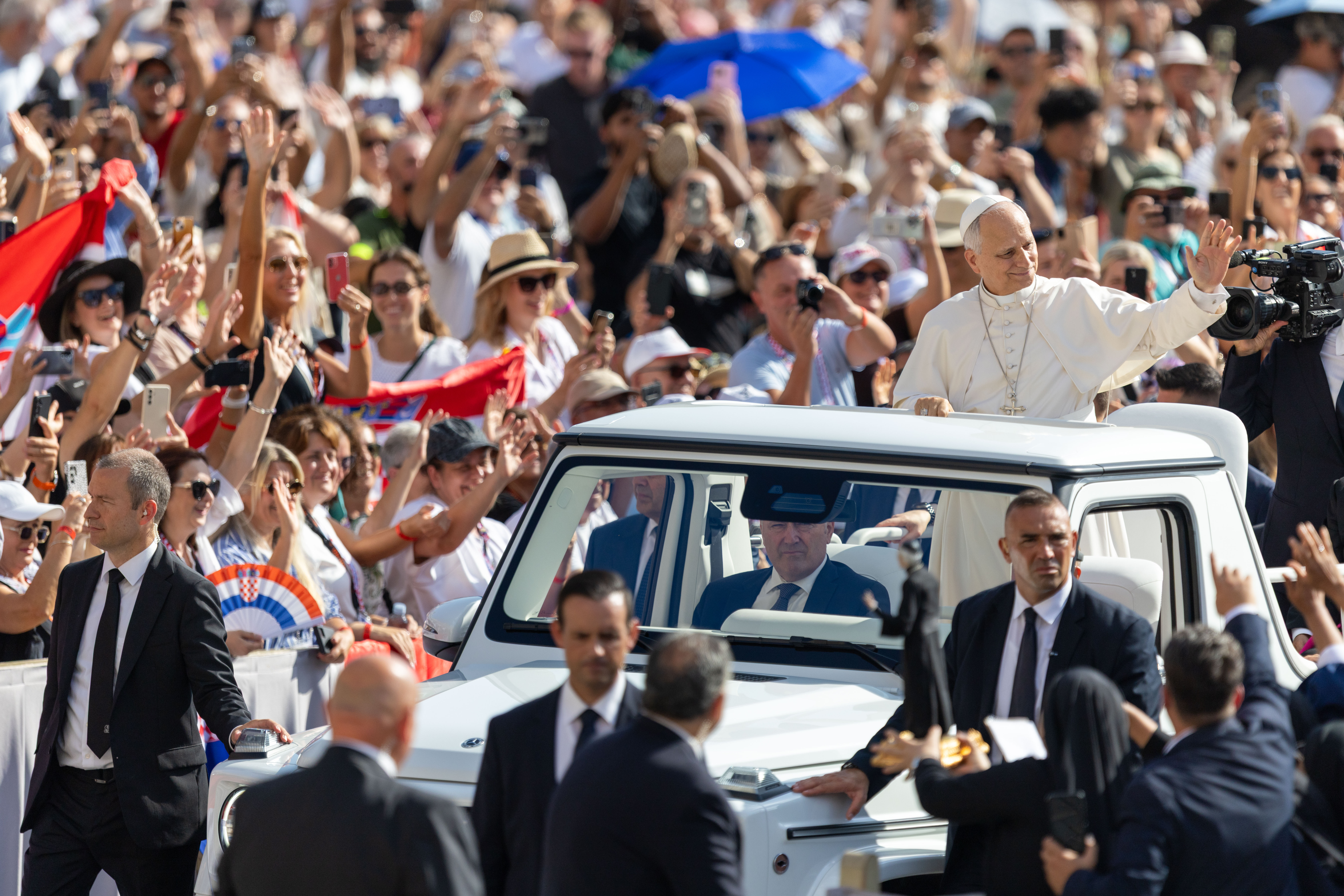 Pope Leo XIV waves from the popemobile as crowds of pilgrims cheer during his Wednesday general audience on Sept. 9, 2026, in St. Peter’s Square. | Credit: Daniel Ibanez/EWTN News