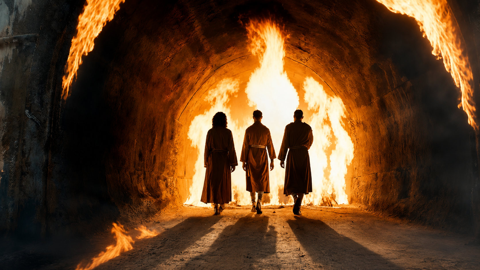 Three men — Shadrach, Meshach, and Abednego — walk into the furnace in the new film “Daniel and the Fiery Furnace.” | Credit: EKKL Entertainment