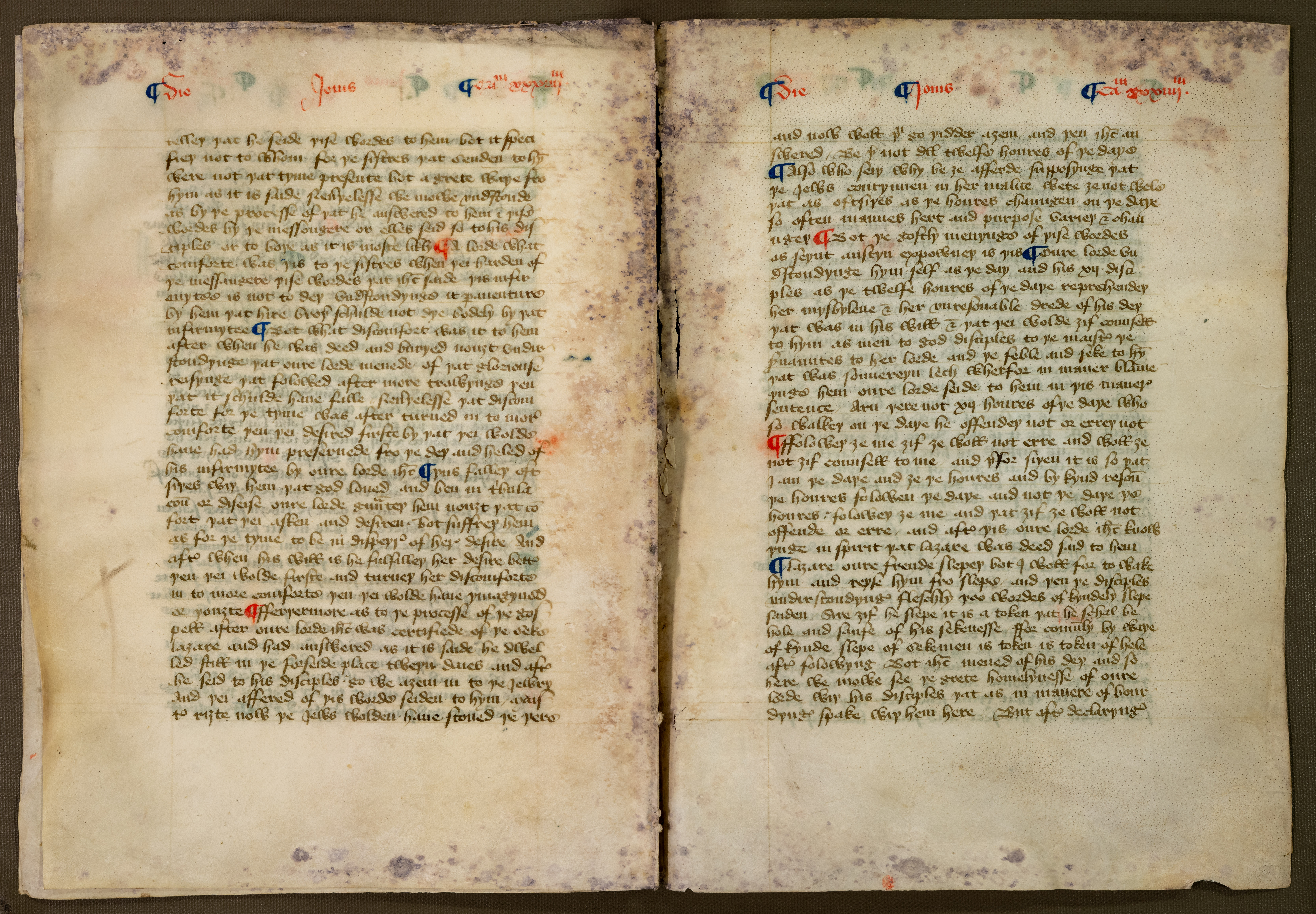 Pages 8-9 of the “Keep Fragment,” showing thread binding, from Chapter 34, depicting an account of the raising of Lazarus. | Credit: Courtesy of the Trustees of the Firle Estate Settlement and the University of Sussex