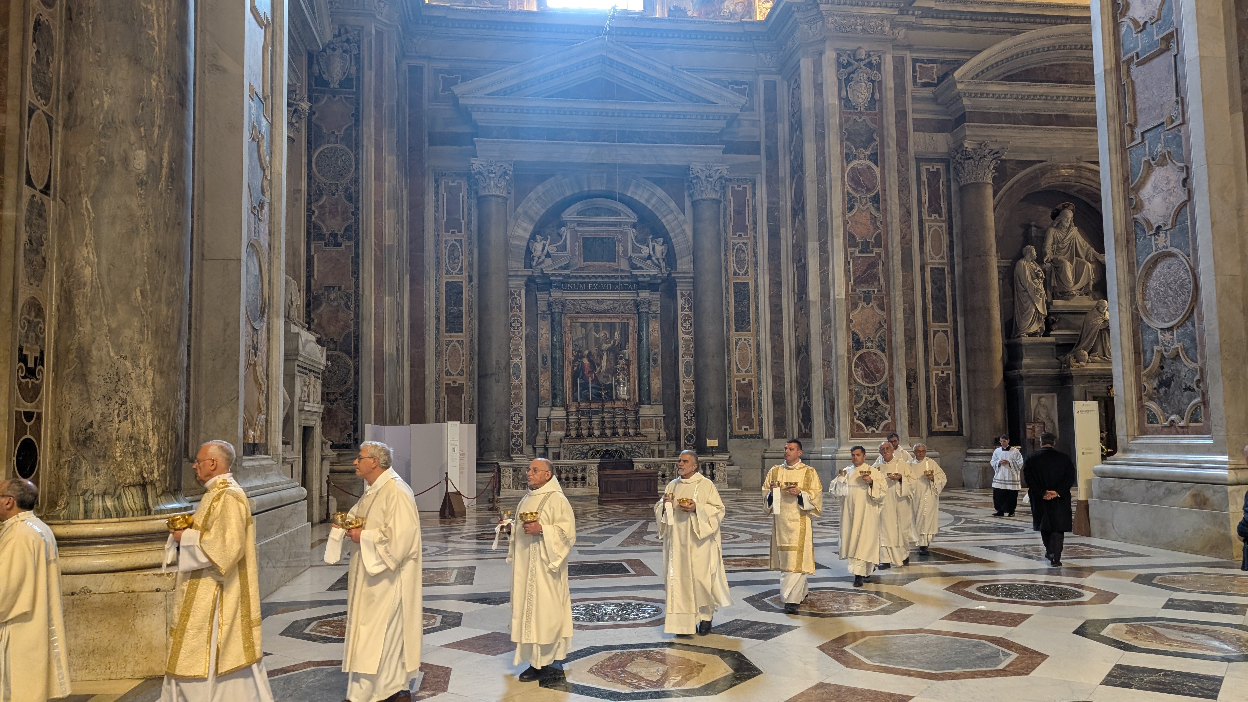 Deacons process through the Clementine Chapel in St. Peter’s Basilica during a chrism Mass with Pope Leo XIV on April 2, 2026. | Credit: Ishmael Adibuah/EWTN News