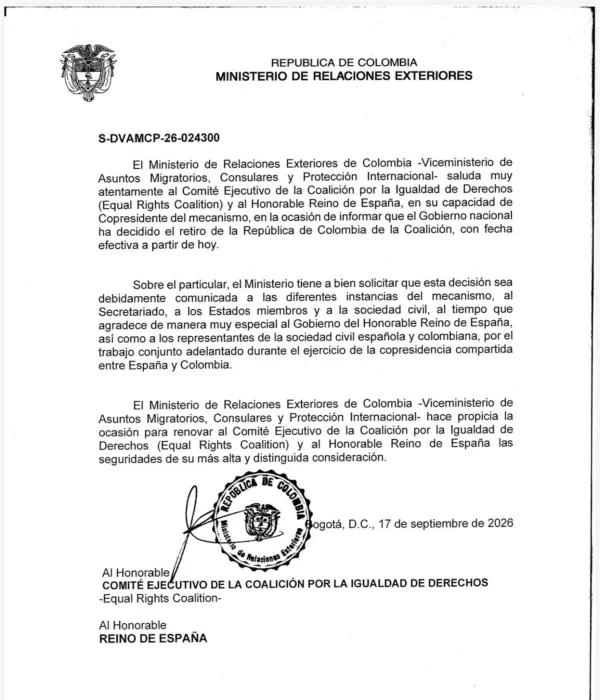 Comunicado del Ministerio de Relaciones Exteriores que informa del retiro de Colombia de la Coalición por la Igualdad de Derechos.