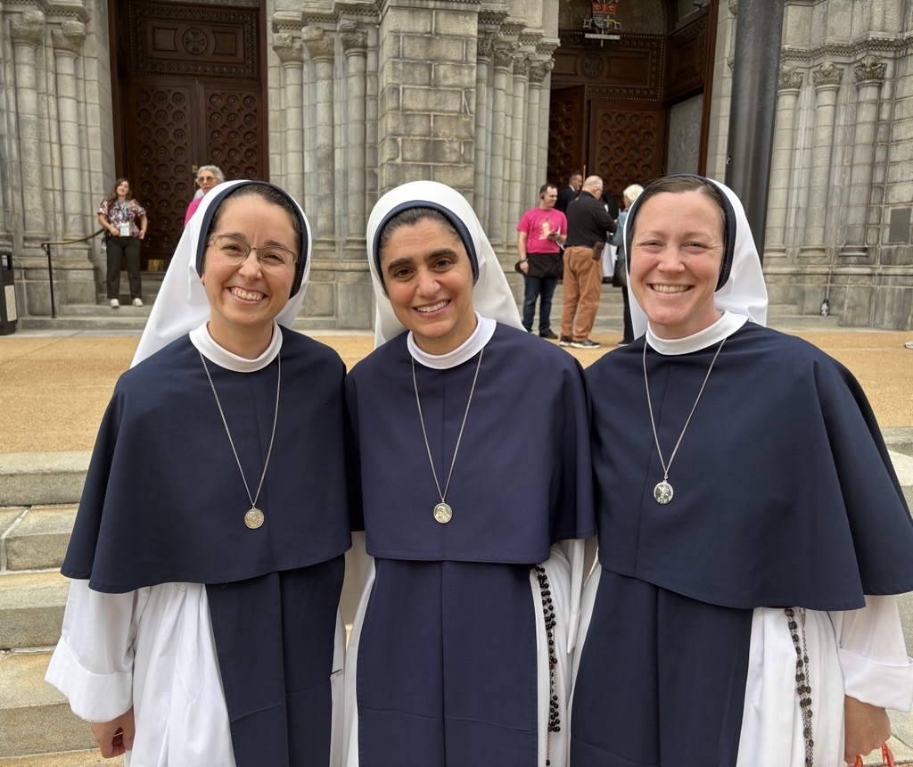 Left to right: Sisters of Life Maria Augustine, Mariam, and Leonie Thérèse smile in front of the Cathedral Basilica of St. Louis following evening prayer Sept. 23, 2026, the vigil of the beatification of Archbishop Fulton Sheen. | Credit: Gigi Duncan/EWTN News