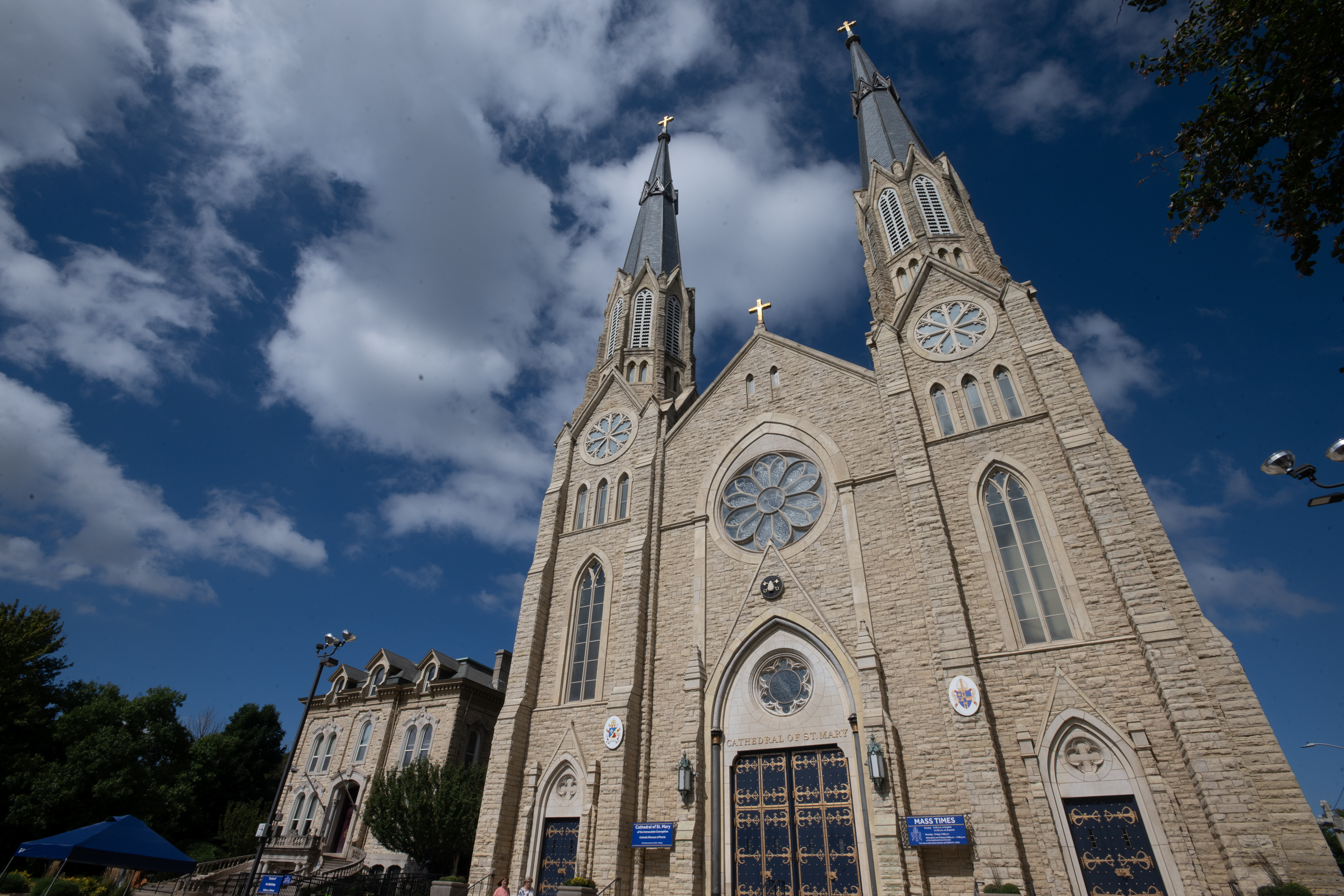 Clouds pass behind the twin towers of the Cathedral of St. Mary of the Immaculate Conception in Peoria, Illinois, on Sept. 23, 2026, the day before the beatification in St. Louis of Archbishop Fulton J. Sheen. Sheen is buried at the cathedral. | Credit: Jeffrey Bruno