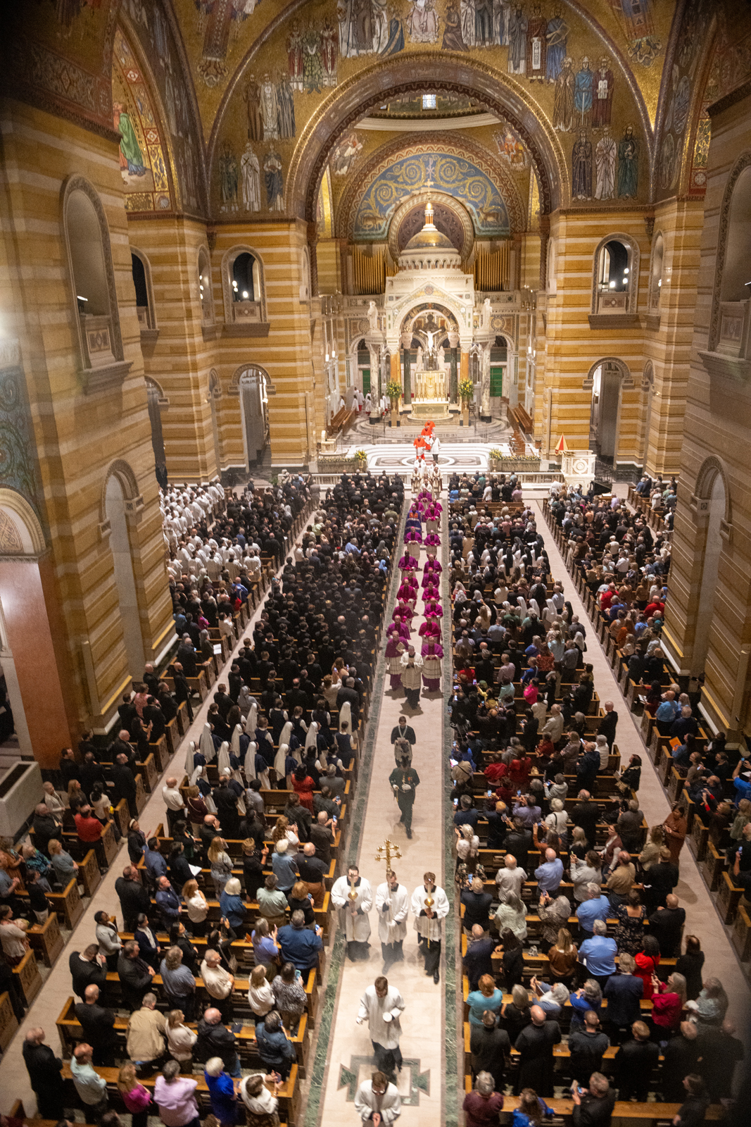 An overhead view shows the procession and the congregation filling the Cathedral Basilica of St. Louis for solemn vespers on Sept. 23, 2026, the eve of Sheenʼs beatification. | Credit: Jeffrey Bruno