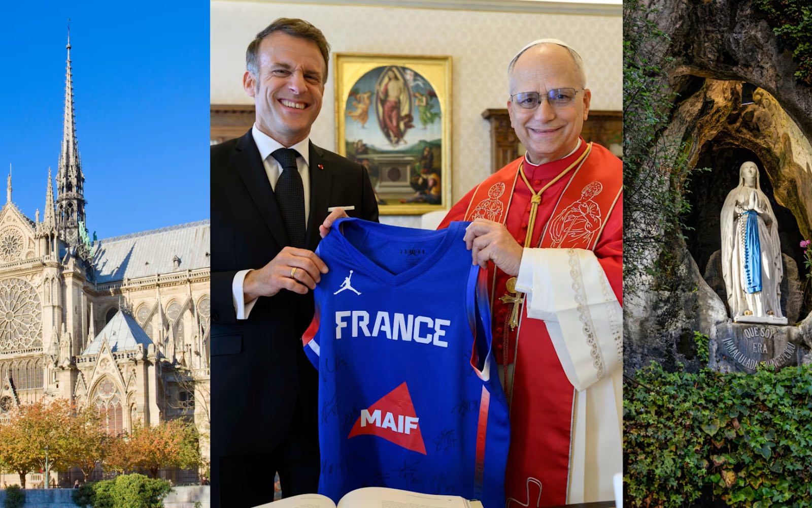 De izquierda a derecha: la Catedral de Notre-Dame; el presidente de Francia, Emmanuel Macron, entrega al Papa León XIV una camiseta de la selección francesa de baloncesto durante una audiencia en el V...