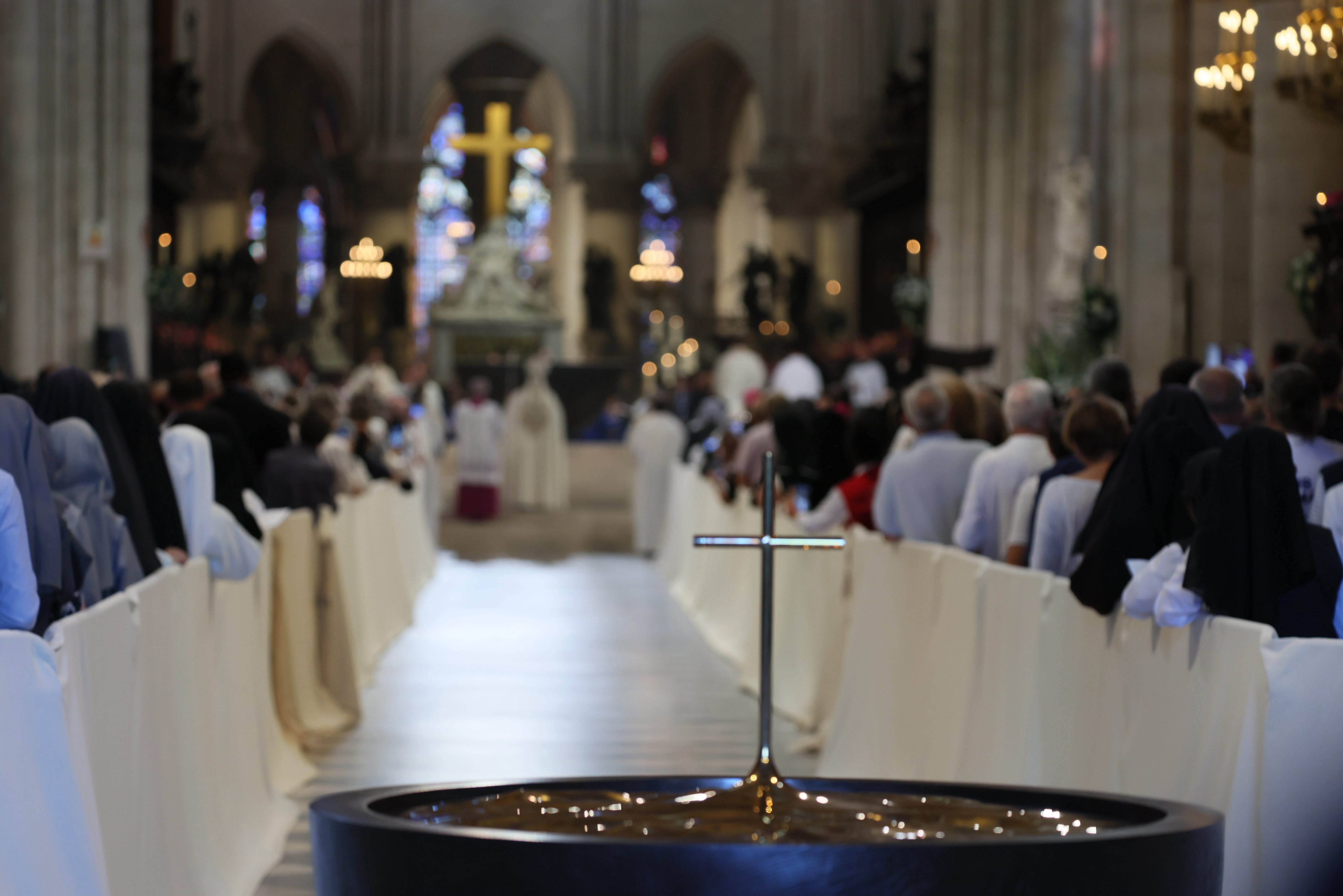 Seven years after a devastating fire nearly destroyed Notre-Dame Cathedral, Pope Leo XIV enters the restored cathedral Sept. 25, 2026 and celebrates Vespers in the first papal visit since the 2019 blaze.| Credit: Daniel Ibáñez/EWTN News