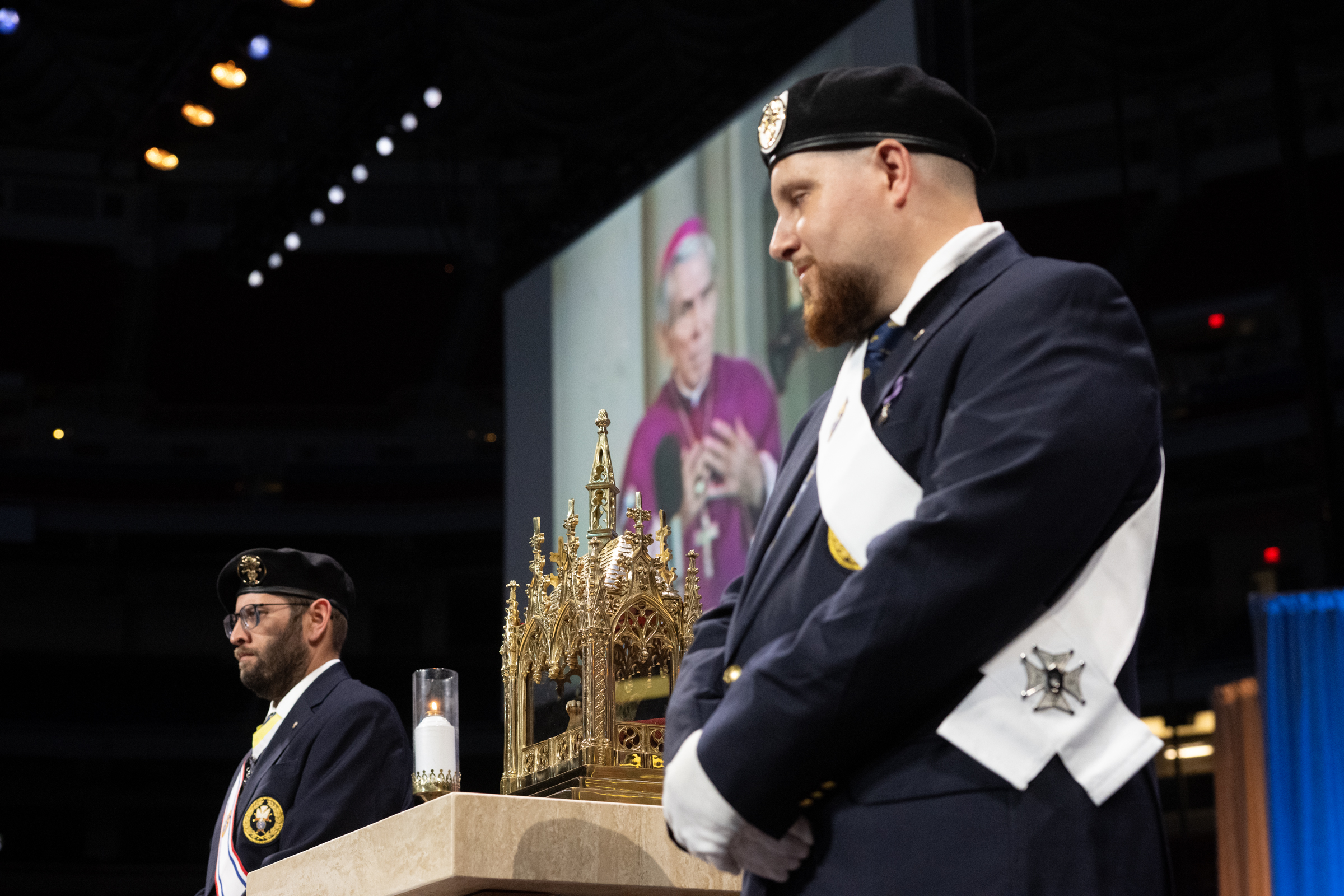 Knights of Columbus stand beside the reliquary containing the jawbone of Blessed Fulton Sheen at The Dome at America’s Center in St. Louis on Sept. 24, 2026. | Credit: Jeff Bruno for EWTN/National Catholic Register