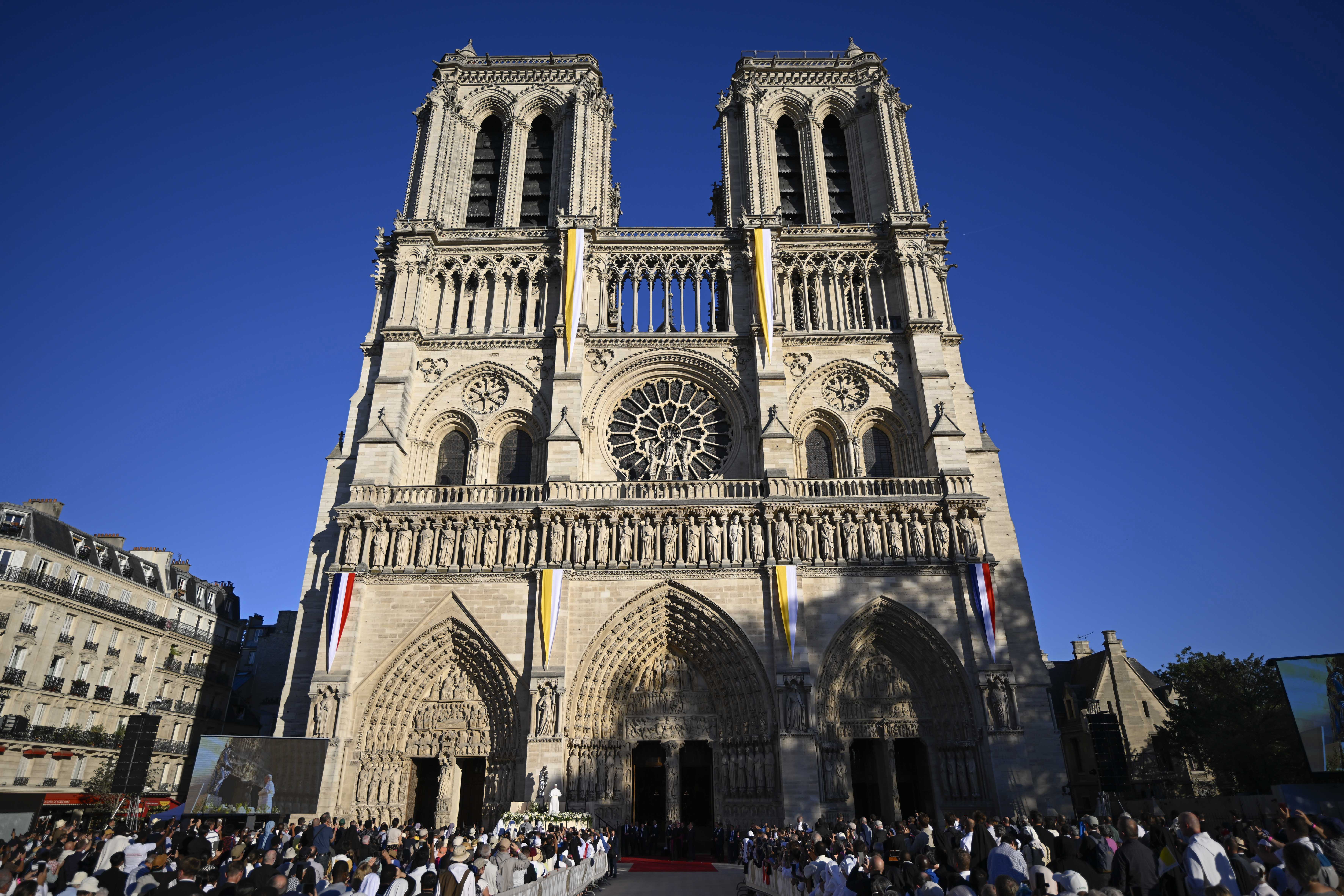 Crowds assemble outside the restored Notre-Dame Cathedral for Pope Leo XIV's visit on Sept. 25, 2026, seven years after a devastating fire nearly destroyed the cathedral.| Credit: Vatican Media