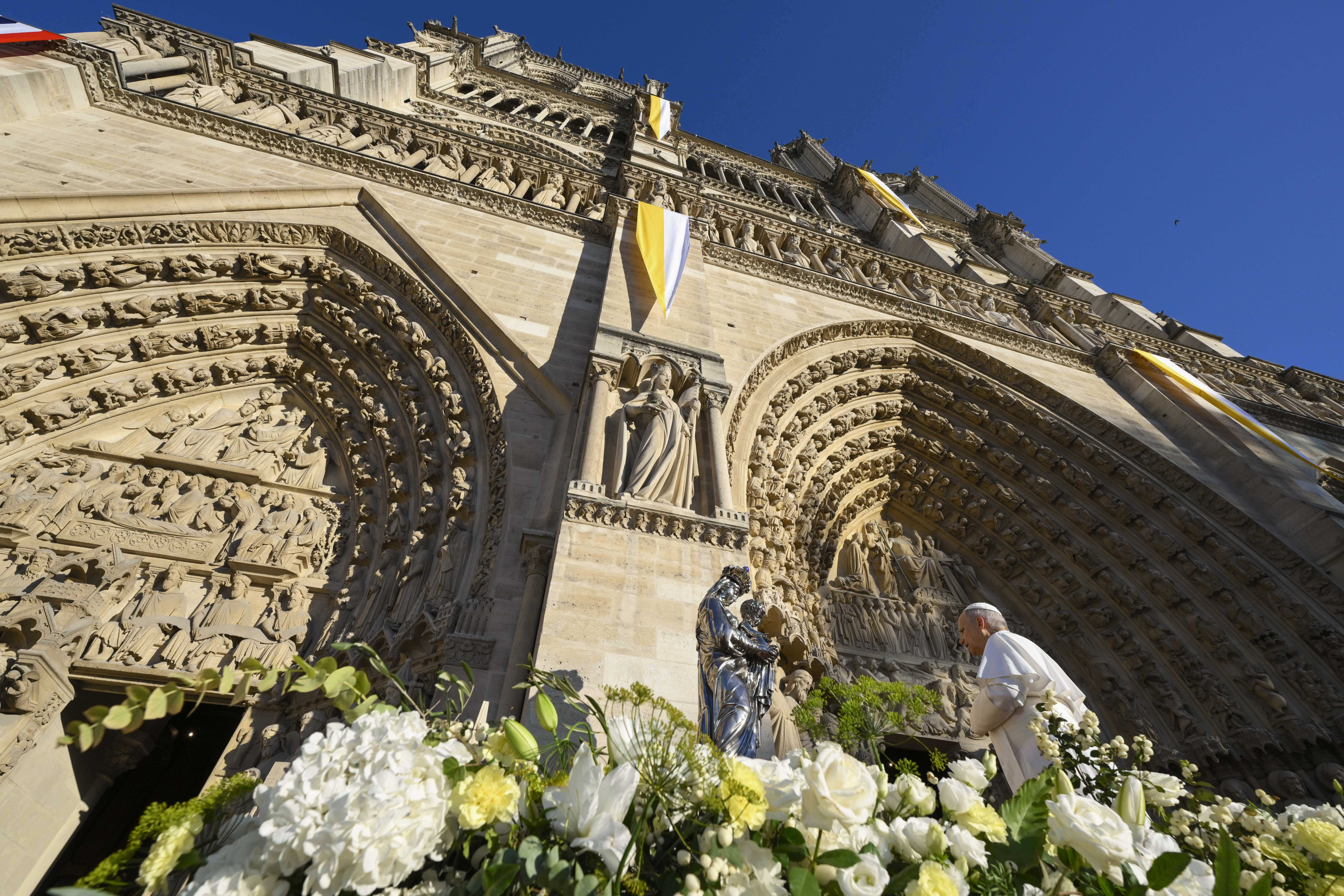 Thousands gathered outside Notre-Dame Cathedral in Paris on Sept. 25, 2026 to pray the Salve Regina with Pope Leo XIV before the statue of Our Lady and the Infant Jesus. Commissioned in the early 19th century and crafted by goldsmith Charles-Nicolas Odiot, the statue survived being thrown from the archbishop's palace during the riots of 1831 and later narrowly escaped being melted down. | Credit: Vatican Media