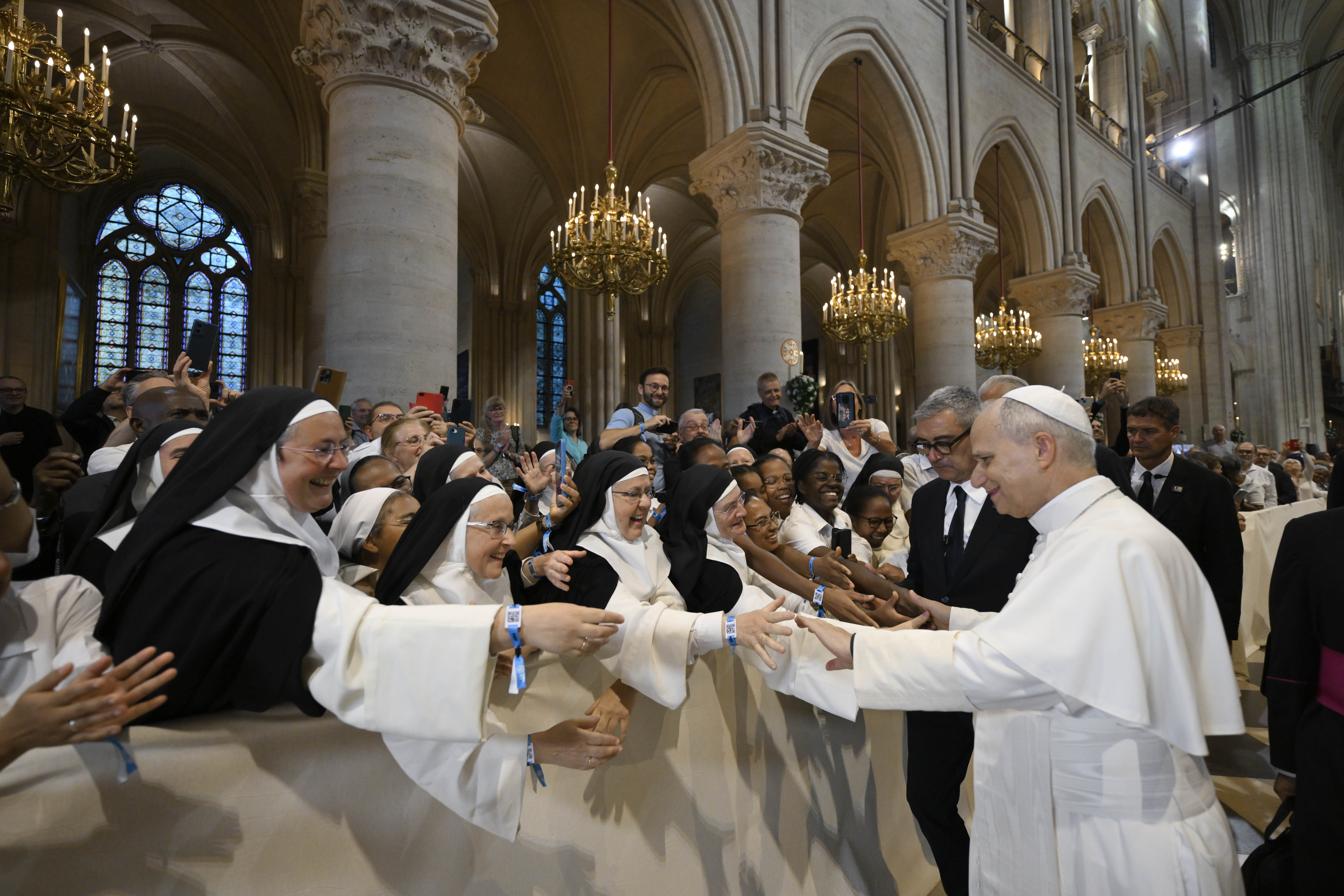 Pope Leo XIV greets sisters in Notre-Dame Cathedral on Sept. 25, 2026. | Credit: Vatican Media