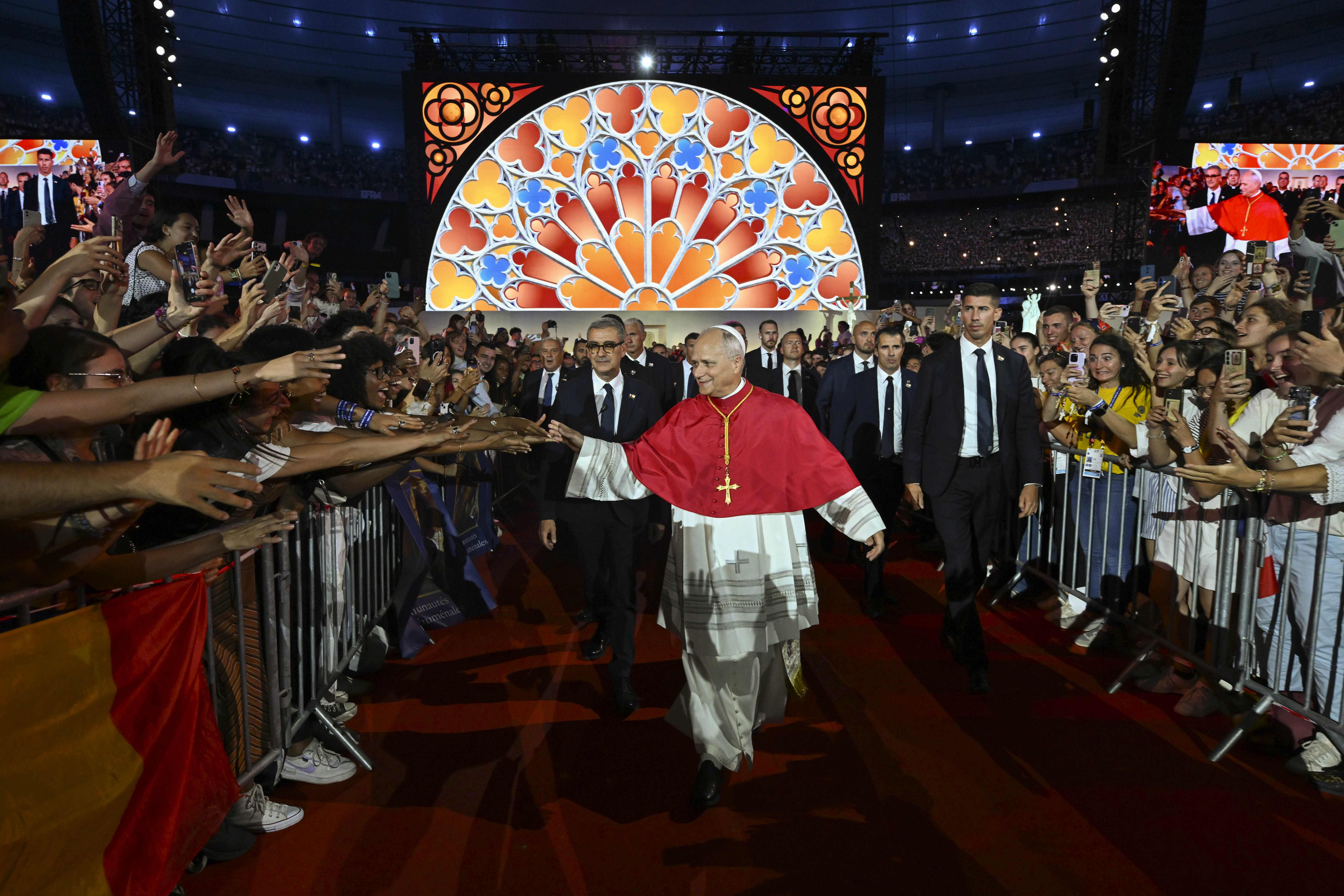 Young people greet Pope Leo XIV at a prayer vigil at Stade de France on Sept. 25, 2026 in Saint-Denis, France. | Credit: Vatican Media