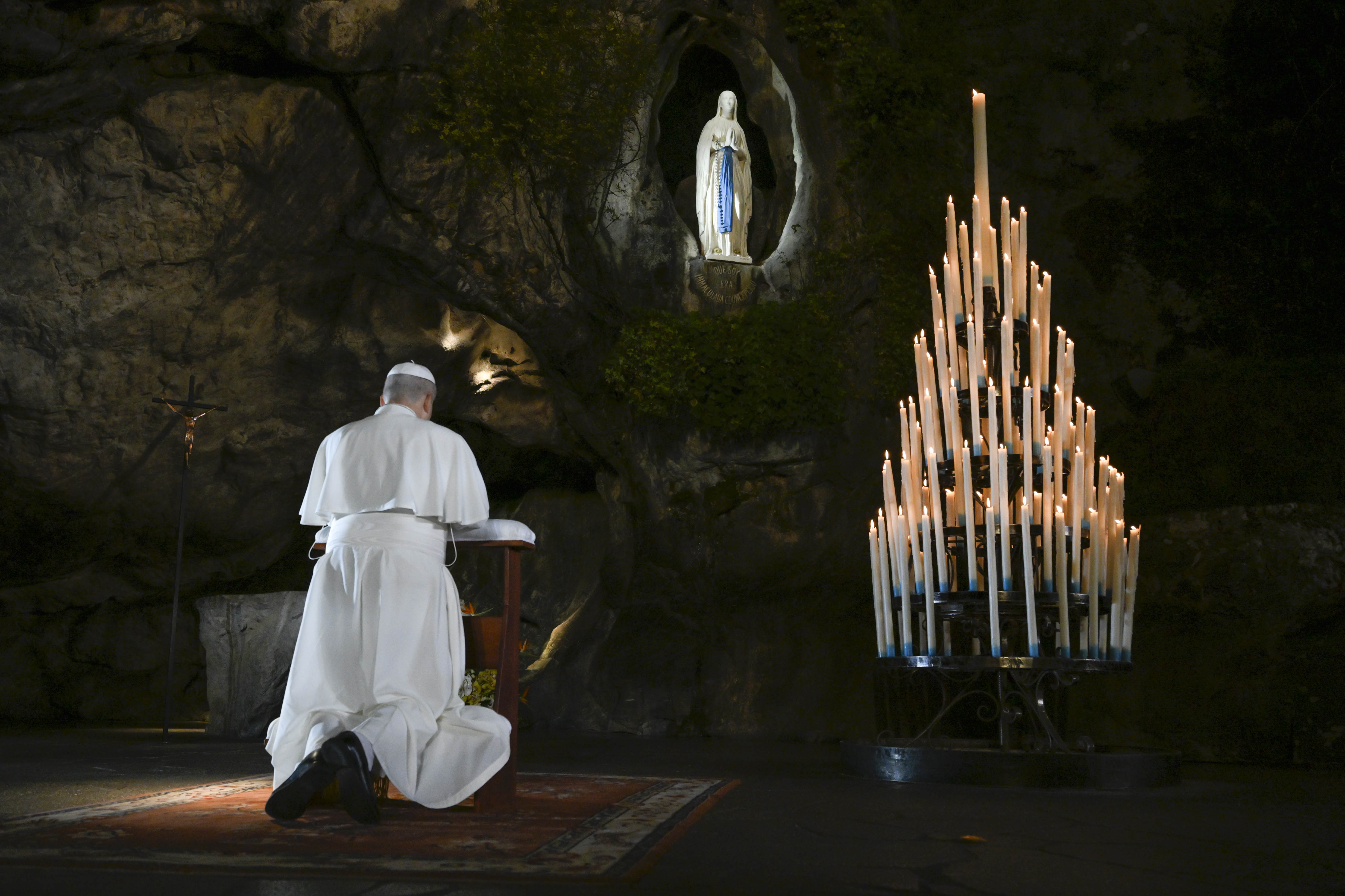Pope Leo XIV prays at the Shrine of Our Lady of Lourdes in France on Sept. 26, 2026. | Credit: Vatican Media