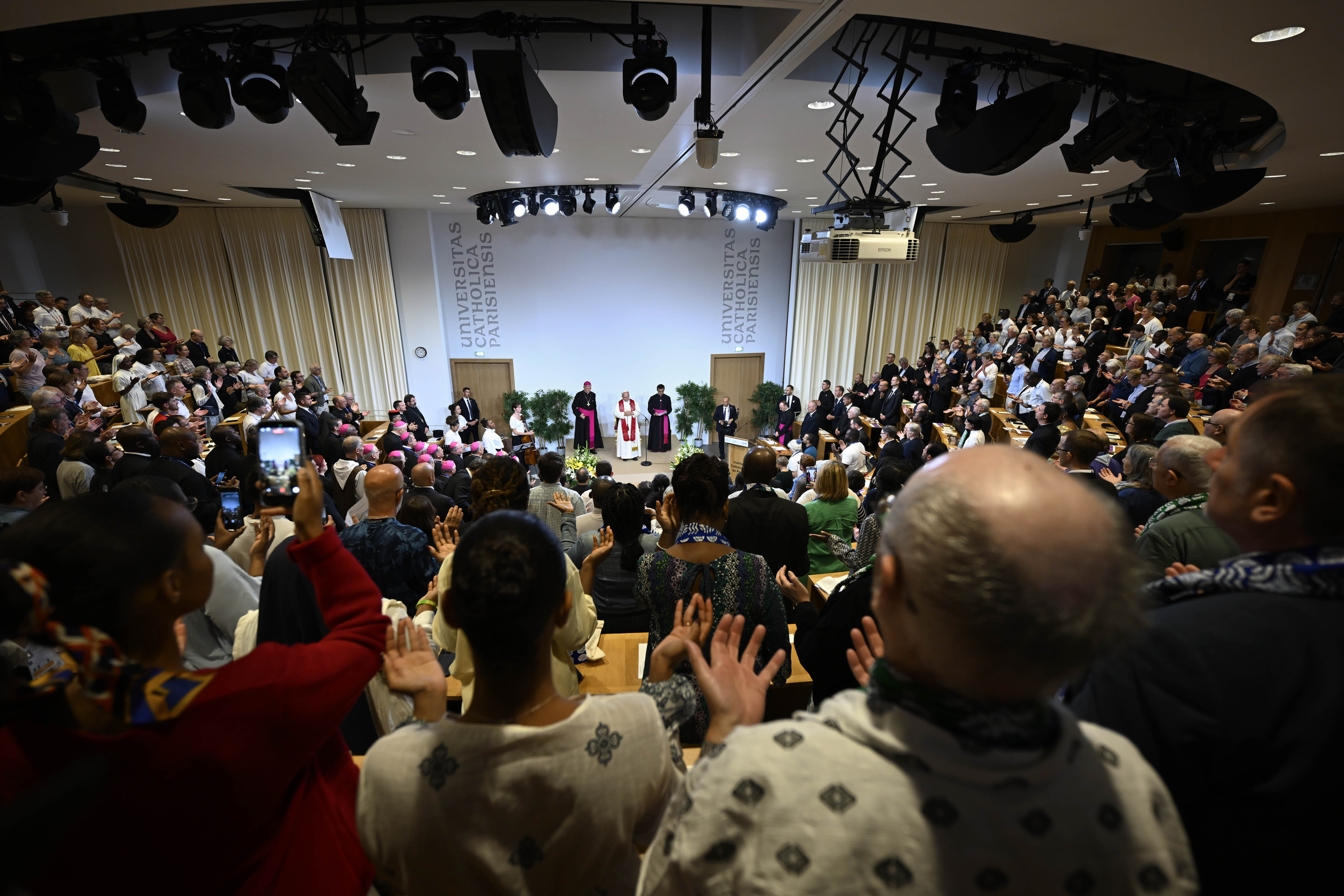 Pope Leo XIV meets with new and prospective Catholics and their leaders at the Catholic Institute of Paris on Sept. 26, 2026. | Credit: Vatican Media