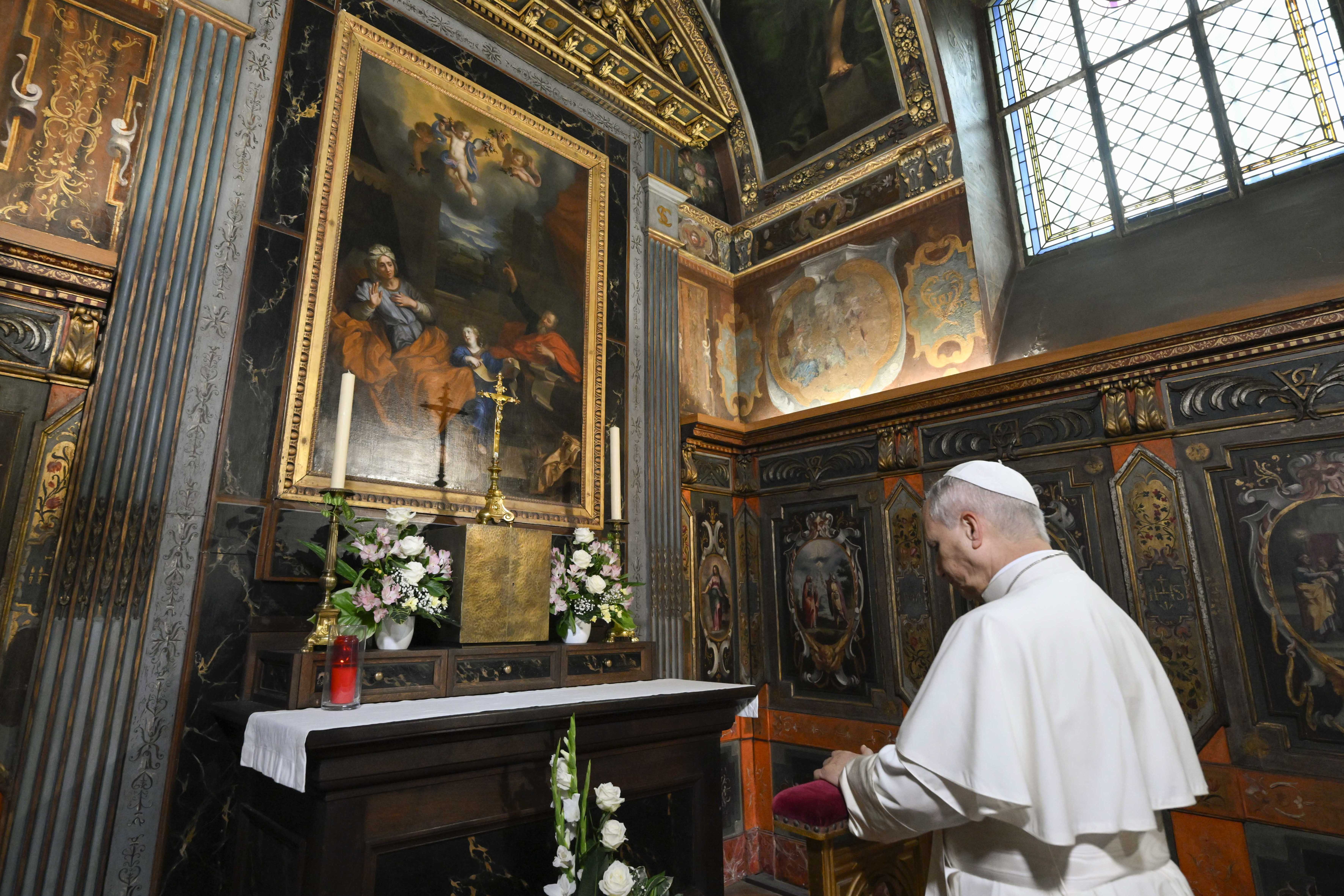 Pope Leo XIV prays in the historic Church of Saint-Joseph-des-Carmes during his visit to the Catholic Institute of Paris on Sept. 26, 2026. | Credit: Vatican Media