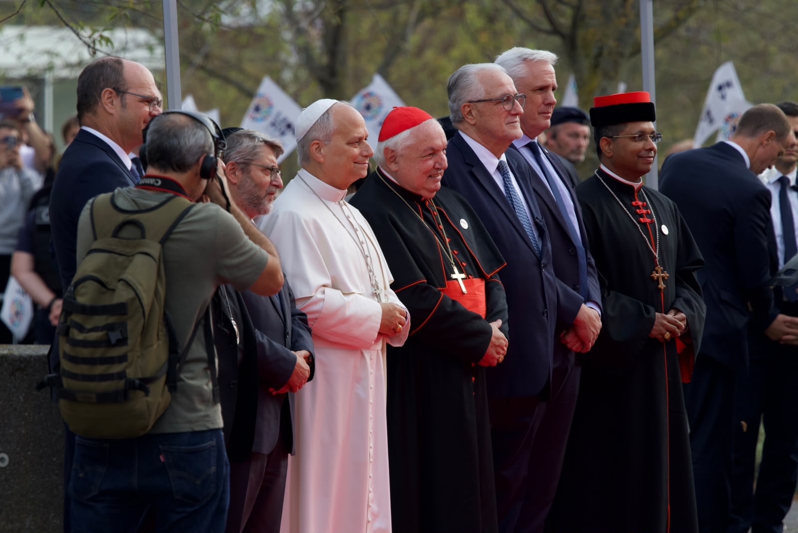 Pope Leo XIV stands with religious leaders at an interreligious meeting at the Robert Schuman Conference Center in Metz, France, on Sept. 28, 2026. | Credit: Daniel Ibáñez/EWTN News