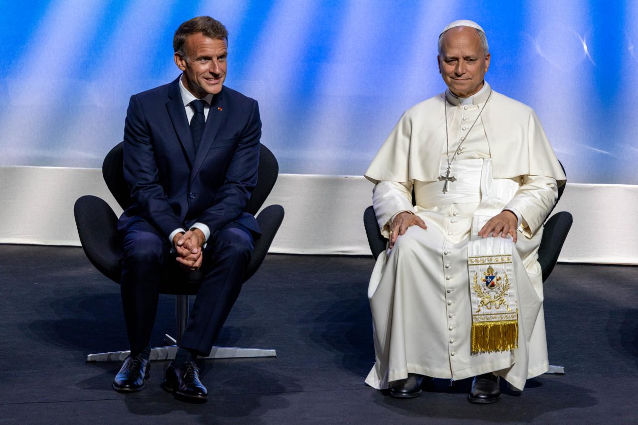 Pope Leo XIV sits with French President Emmanuel Macron at the meeting “To the Roots of Europe for Peace and Unity” at the Robert Schuman Conference Center in Metz, France, on Sept. 28, 2026. | Credit: Daniel Ibáñez/EWTN News