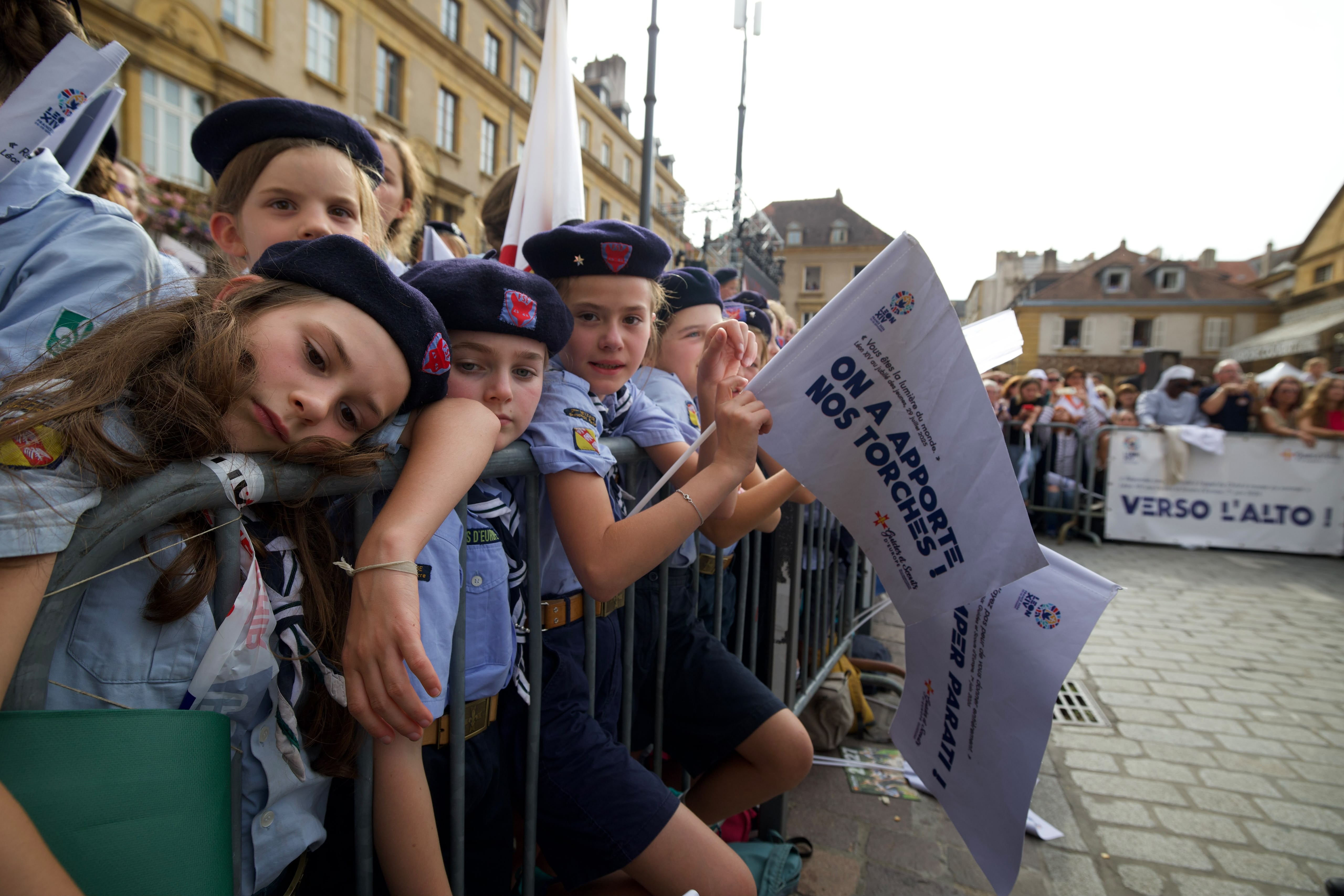 Young people wait for Pope Leo XIV to arrive outside the Cathedral of St. Stephen in Metz, France, on Sept. 28, 2026. | Credit: Daniel Ibáñez/EWTN News