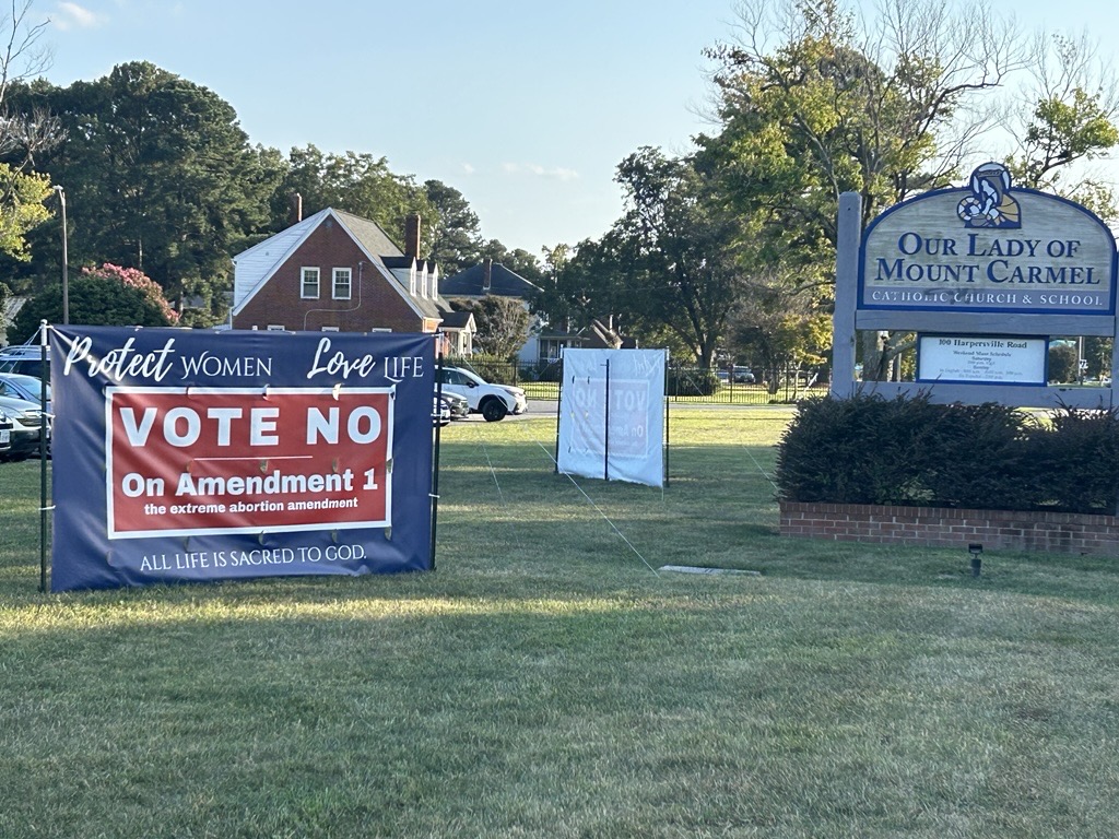 Virginian Catholics are opposing a pro-abortion ballot measure. Our Lady of Mount Carmel Parish in Newport News, Virginia, has posted a sign urging Catholics to vote no on the ballot amendment. | Credit: Ken Oliver/EWTN News