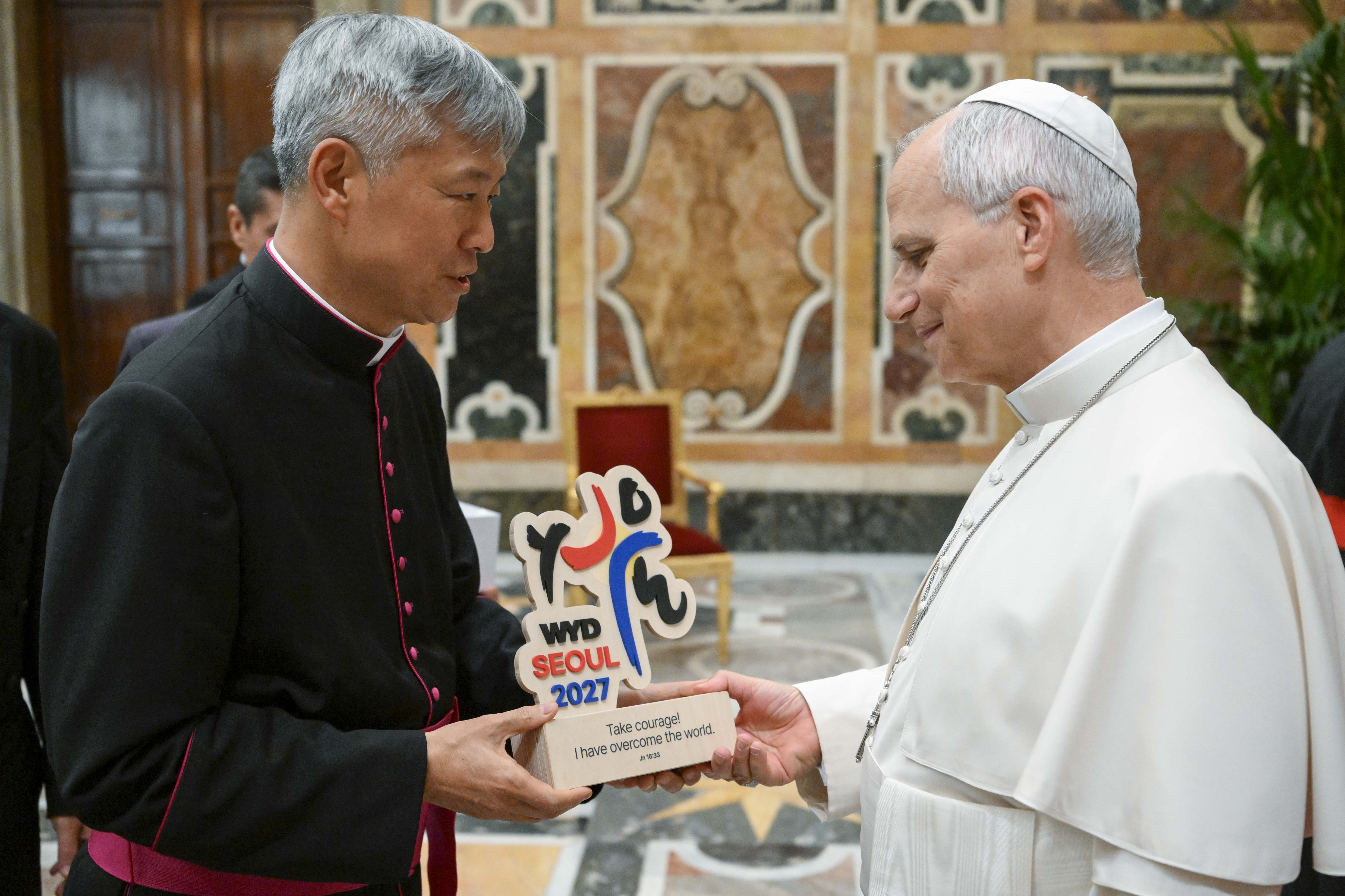 Pope Leo XIV receives a gift after his private audience with Korean clergy and religious at the Apostolic Palace in the Vatican on Oct. 5, 2026. | Credit: Vatican Media