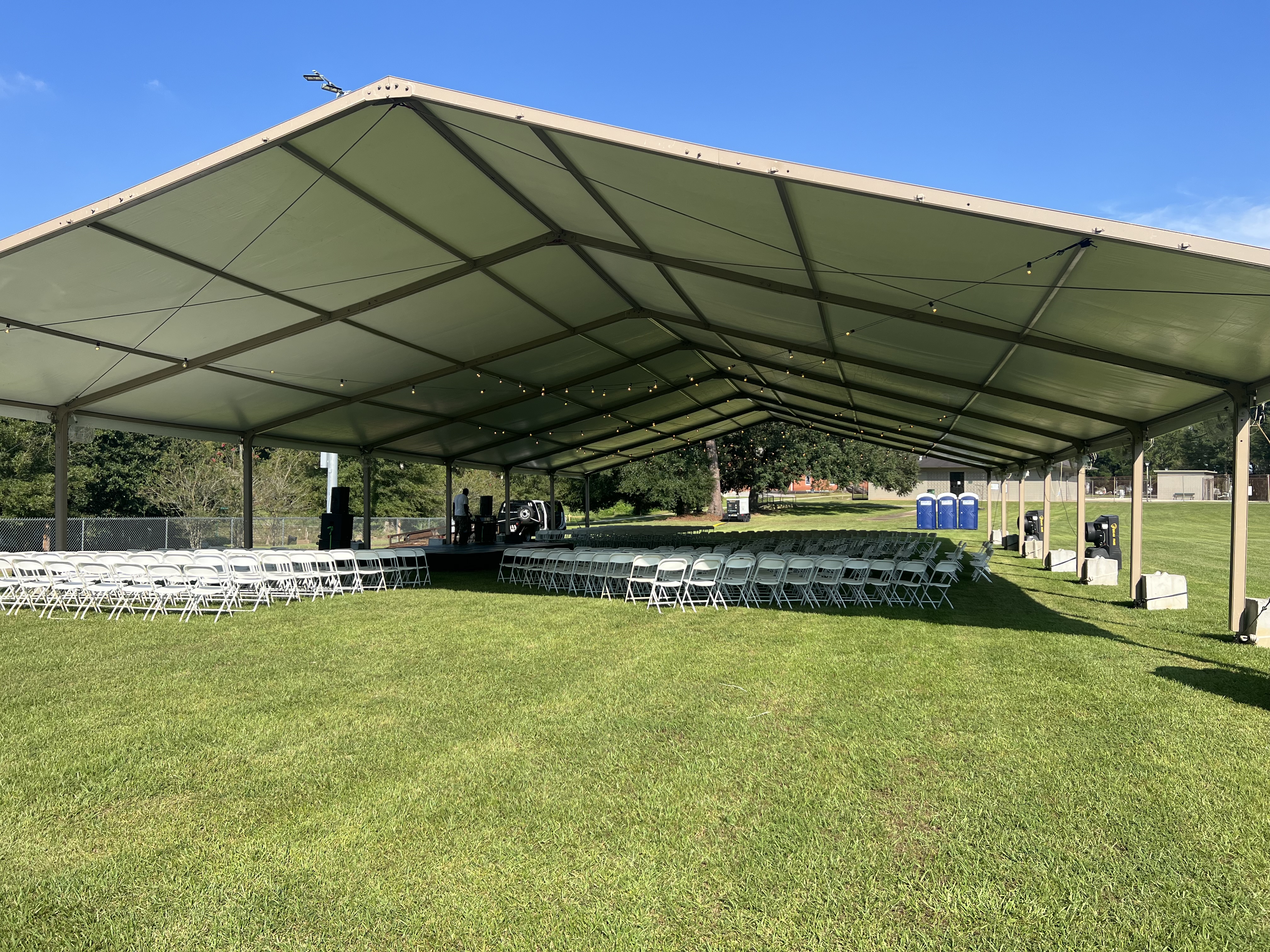 A tent stands ready to host the 