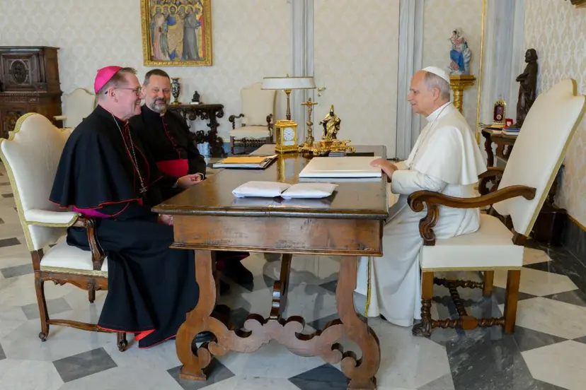 Bishop Louis Tylka of Peoria, Illinois, and Monsignor Jason Gray, the executive director of the Archbishop Fulton J. Sheen Foundation, meet with Pope Leo XIV at the Vatican on Oct. 5, 2026, while presenting the Holy Father with a relic of Sheen. | Credit: Vatican Media