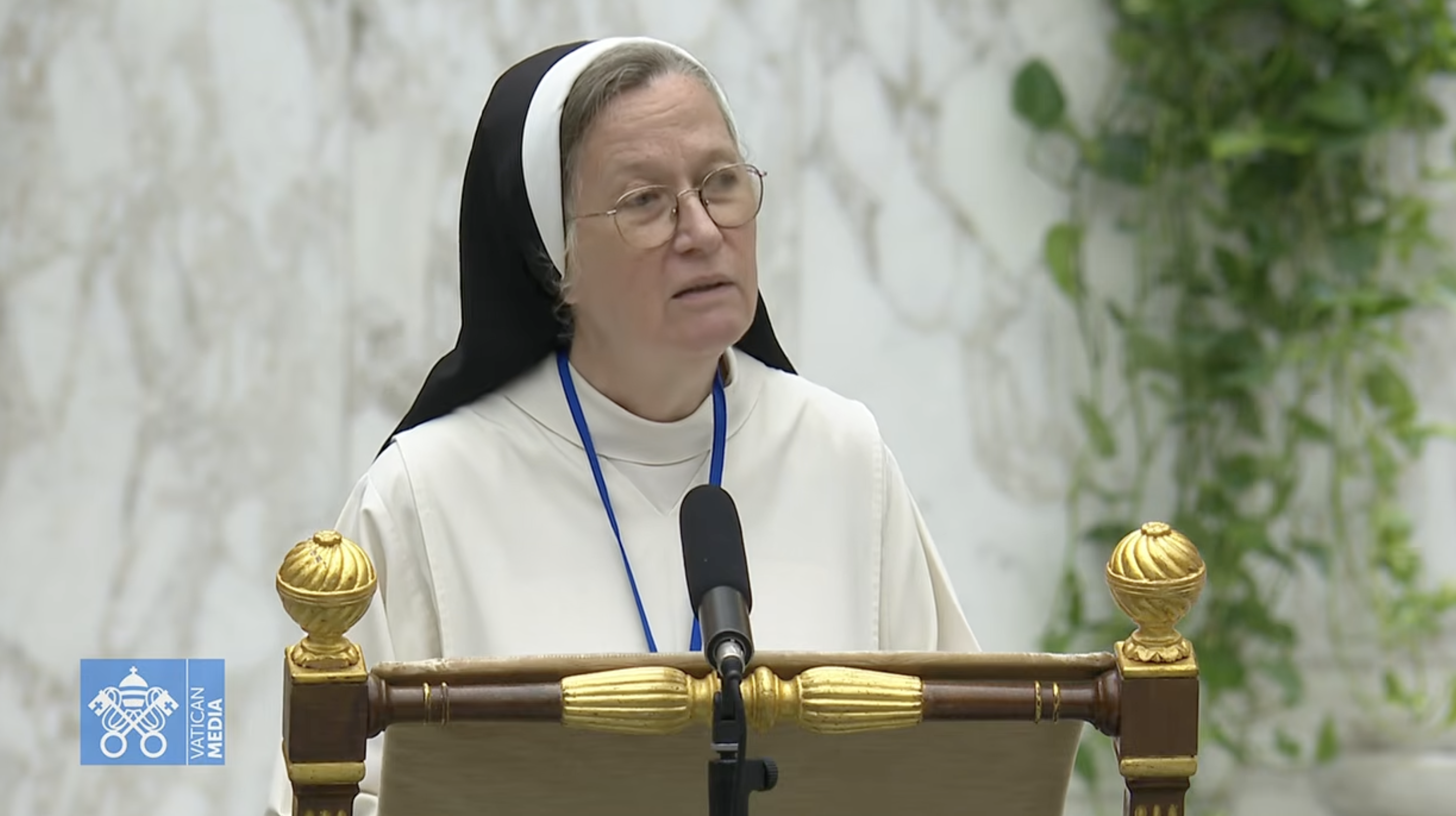 Sister Helen Alford, OP, delivers a meditation during the opening session of a weeklong meeting on Amoris Laetitia on Oct. 7, 2026, in the Vatican's Paul VI Hall. | Credit: Vatican Media screenshot