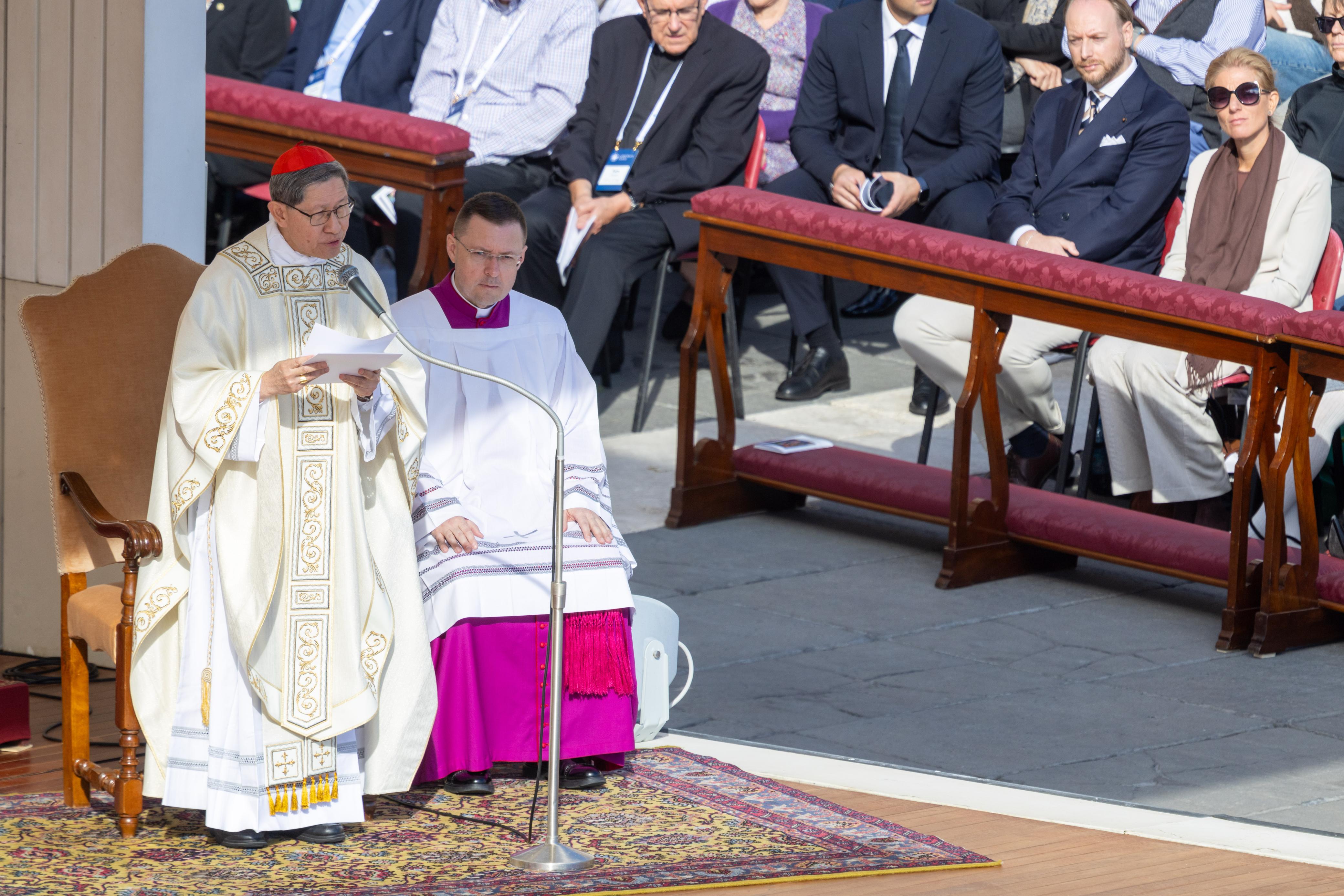Cardinal Luis Antonio Tagle celebrates Mass in St. Peter’s Square on Oct. 14, 2026, in place of Pope Leo XIV for the closing of a meeting marking 10 years of Amoris Laetitia. | Credit: Daniel Ibáñez/EWTN News
