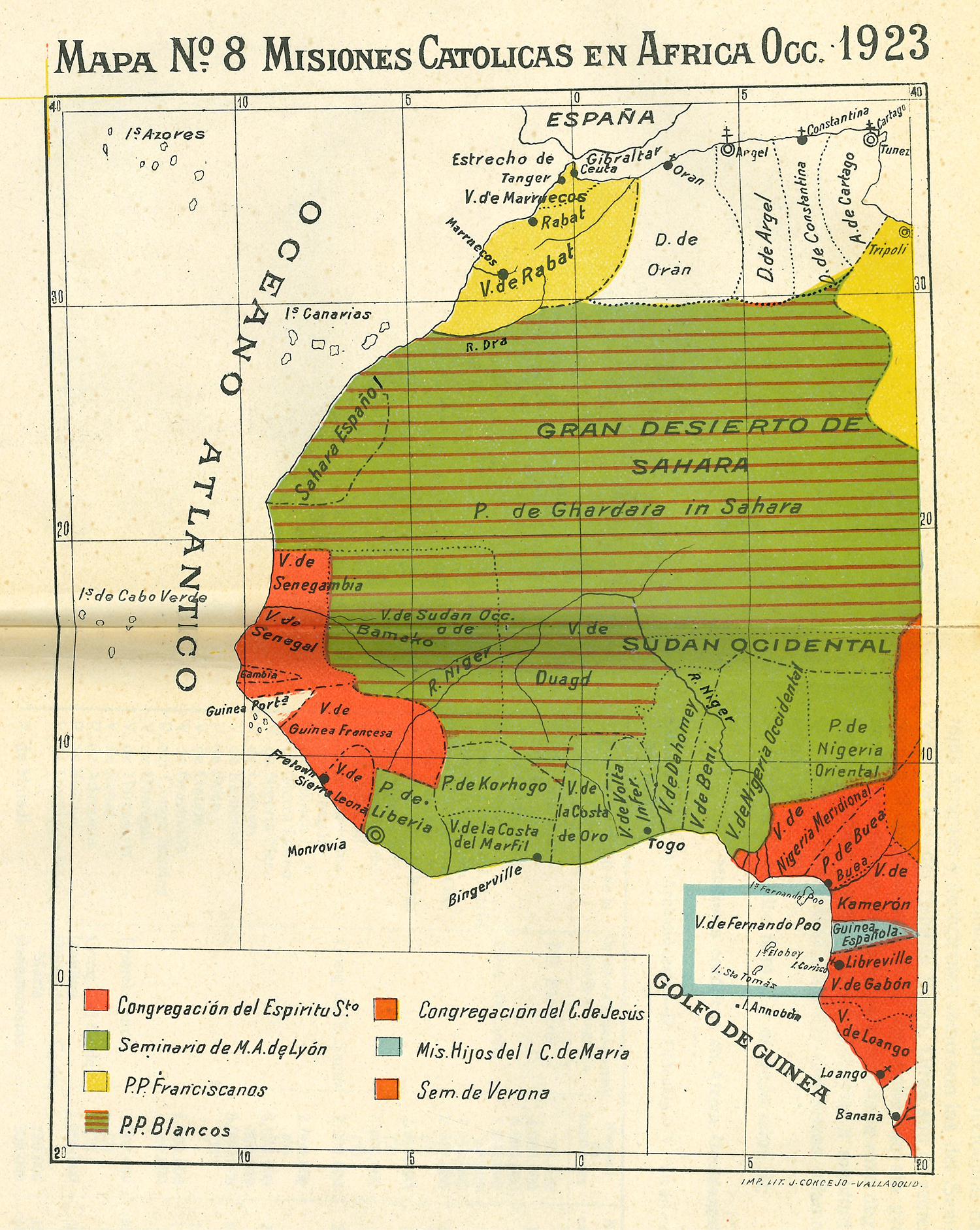 Mapa de misiones católicas en 1923 en África Occidental. | Crédito: OMP España