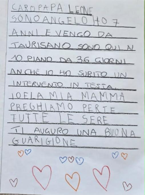 Una de las cartas de los niños ingresados en el departamento de Oncología del Hospital Policlínico Gemelli remitidas al Papa. Crédito:  Hospital Policlínico Gemelli.