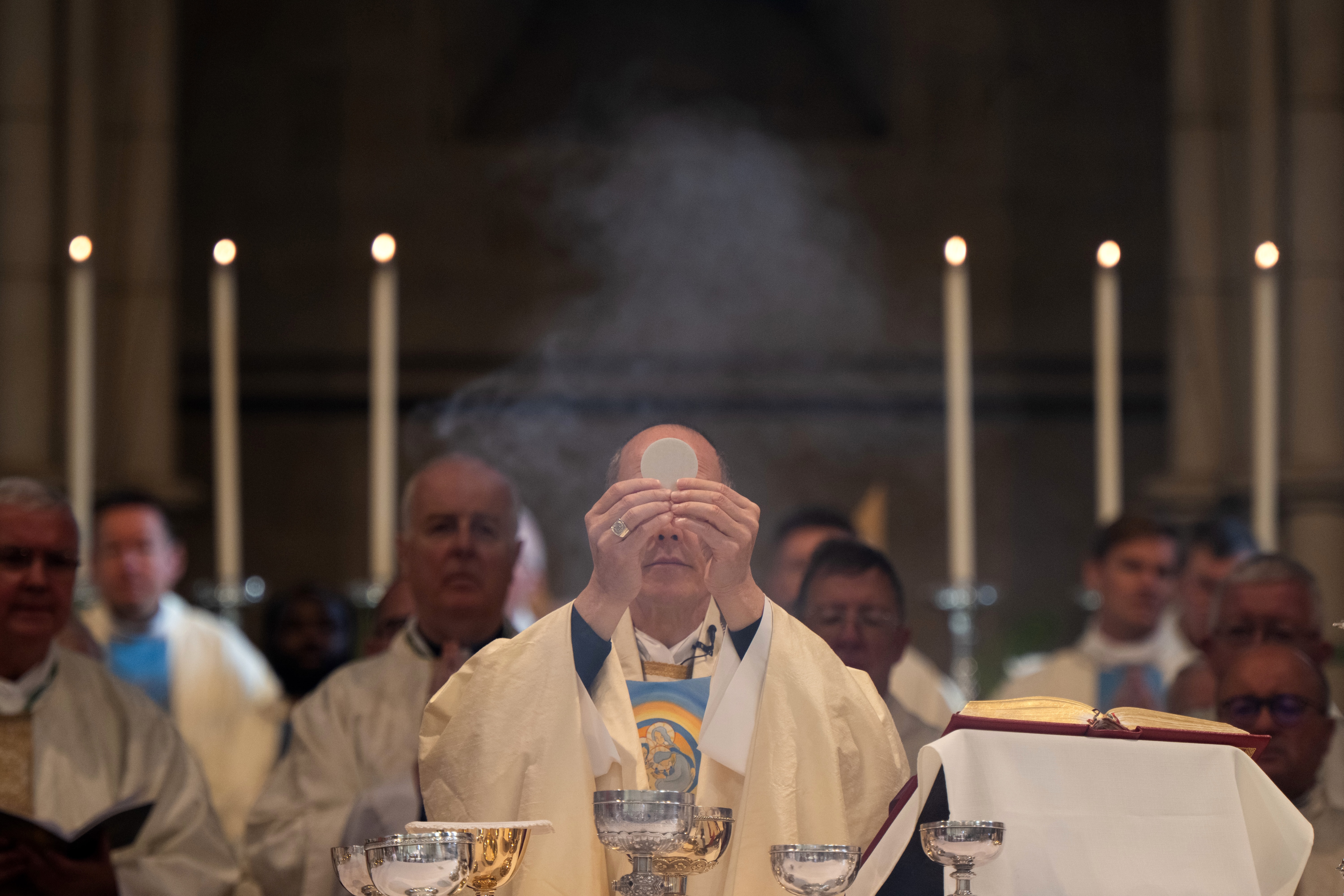 Bishop Stephen Wang elevates the host during the consecration at the Mass where he became the sixth bishop of Arundel and Brighton in England on Oct. 19, 2026. | Credit: ©Mazur/cbcew.org.uk
