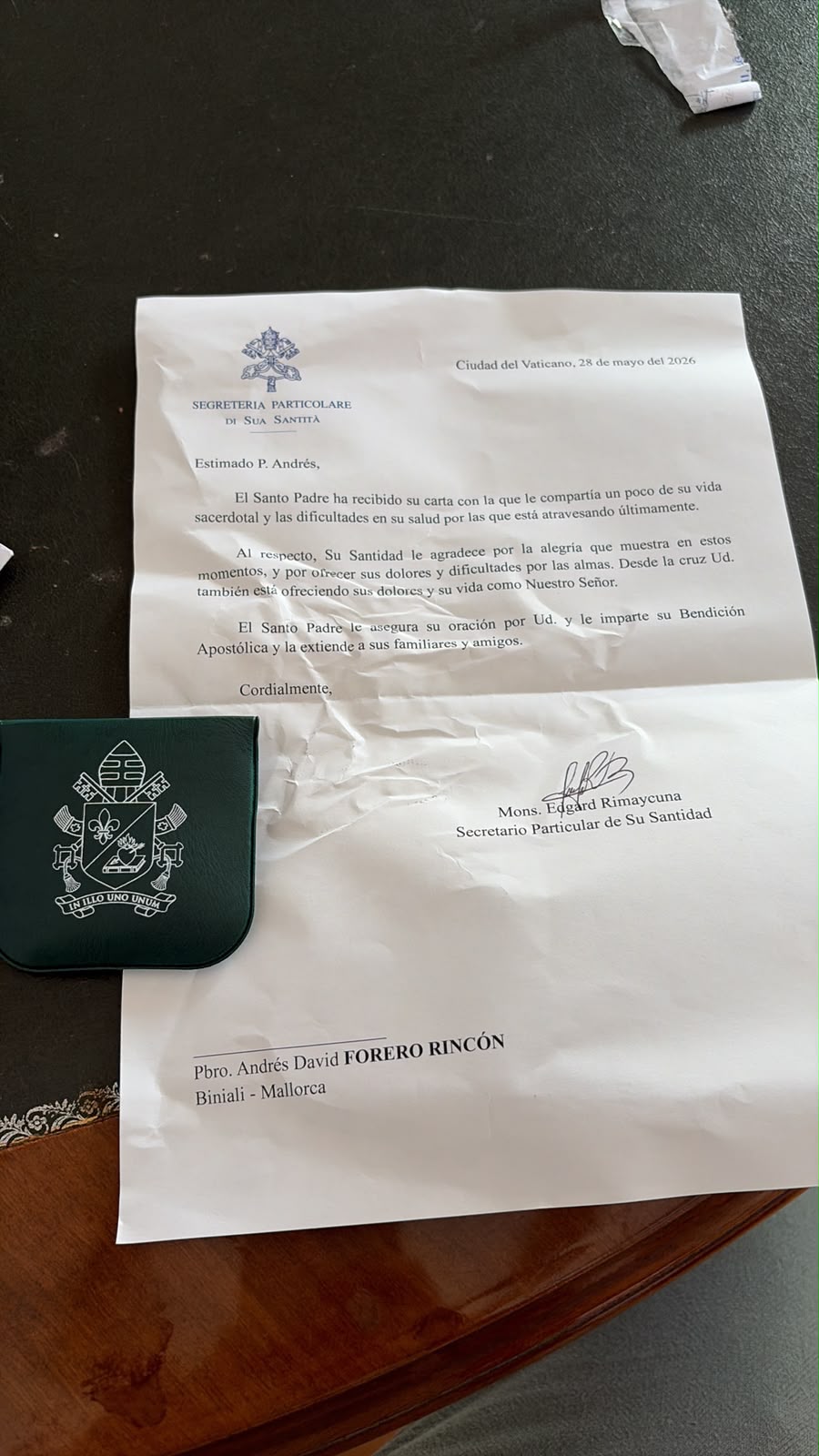 La carta que le escribió el Papa León XIV a su regreso del viaje a España. Crédito: Cedida por el P. Forero.