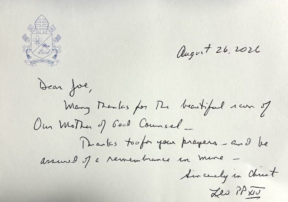 The letter Pope Leo XIV sent to Chicago-based iconographer Joseph Malham. | Credit: Courtesy of Joseph Malham
