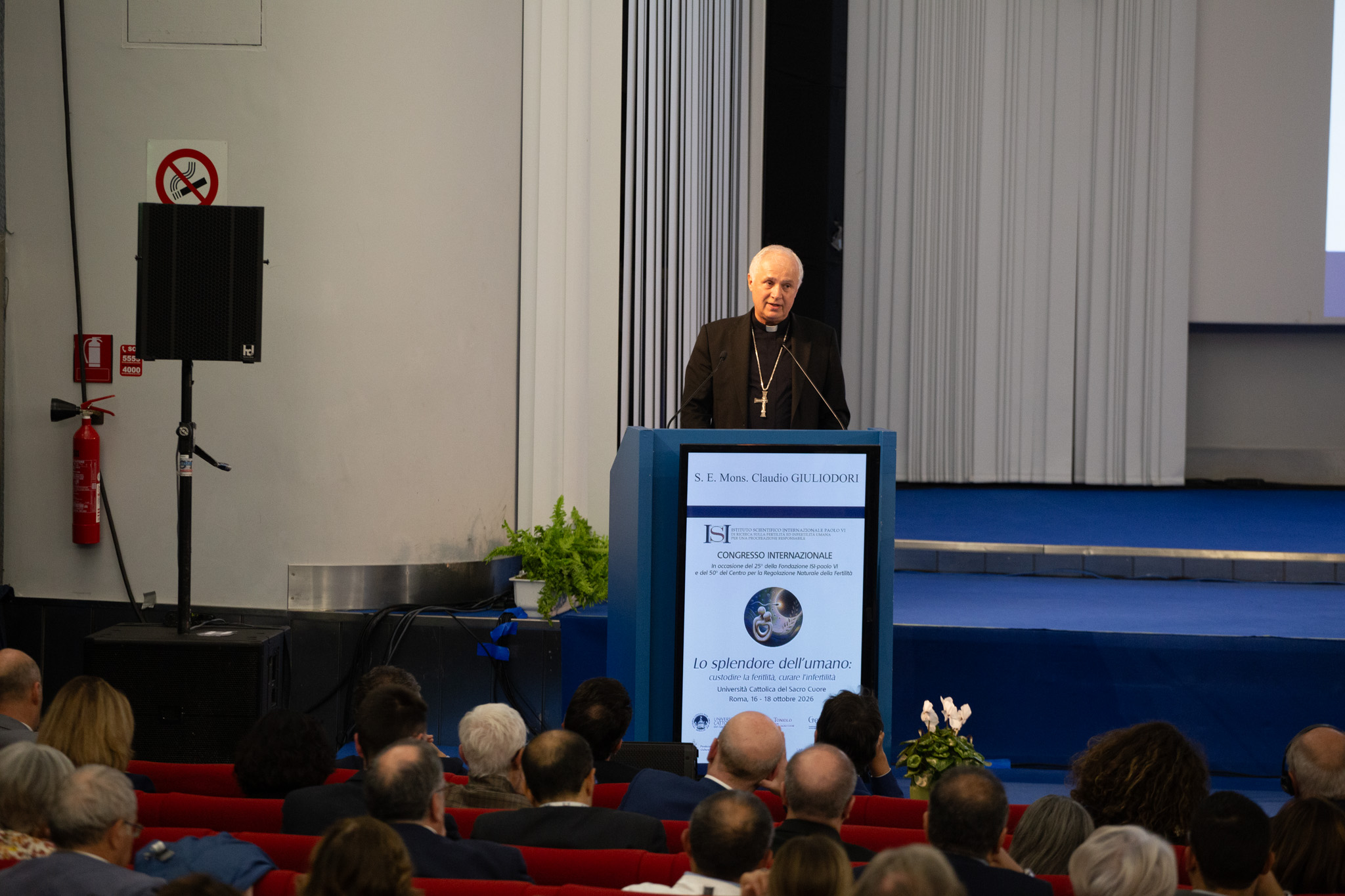 Bishop Claudio Giuliodori, president of the ISI Foundation and general ecclesiastical assistant of the Catholic University of the Sacred Heart, speaks at a congress on infertility at the Catholic University of the Sacred Heart in Rome on Oct. 16, 2026. | Credit: Isabella Reed/EWTN News