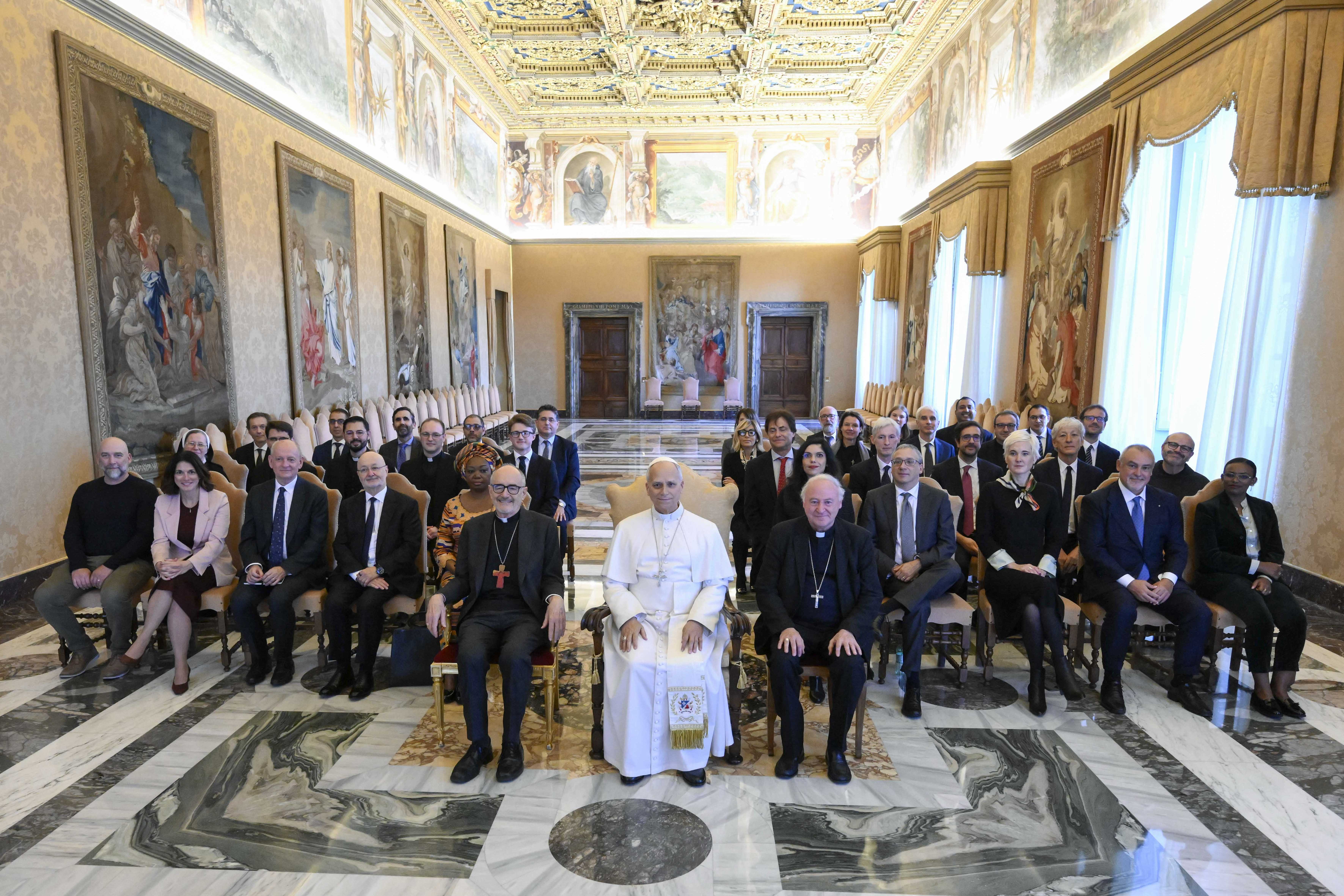 A group photo with Pope Leo XIV and the participants of the meeting “The Future of AI: A Dialogue Between the Vatican and the Scientific World on the Development and Applications of Intelligent Technologies.” The pontiff met them in a private audience at the Apostolic Palace in the Vatican on Oct. 30, 2026. | Credit: Vatican Media