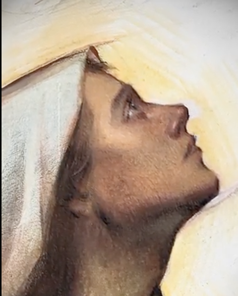 El rostro de María en el mural que pintó el artista italiano Andrea Brivio al pie de la cruz en la casa de oración El Rostro de María en Medjugorje. Crédito: Cortesía Andrea Brivio.